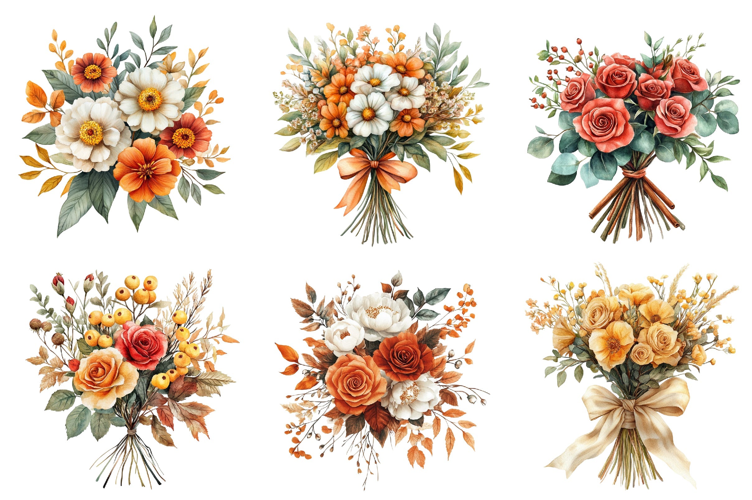 Autumn Wedding Flowers Bouquet Clipart Bundle