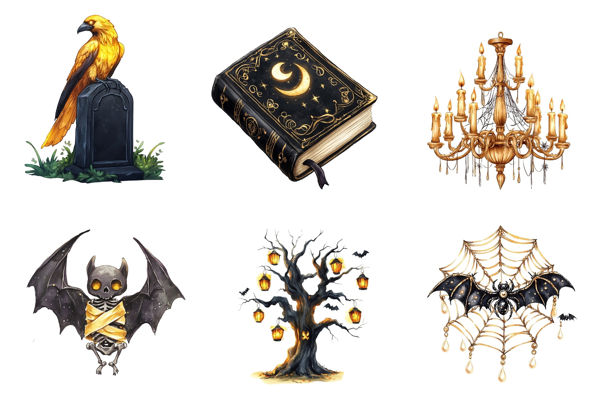 Creepy Black And Gold Halloween Clipart Bundle