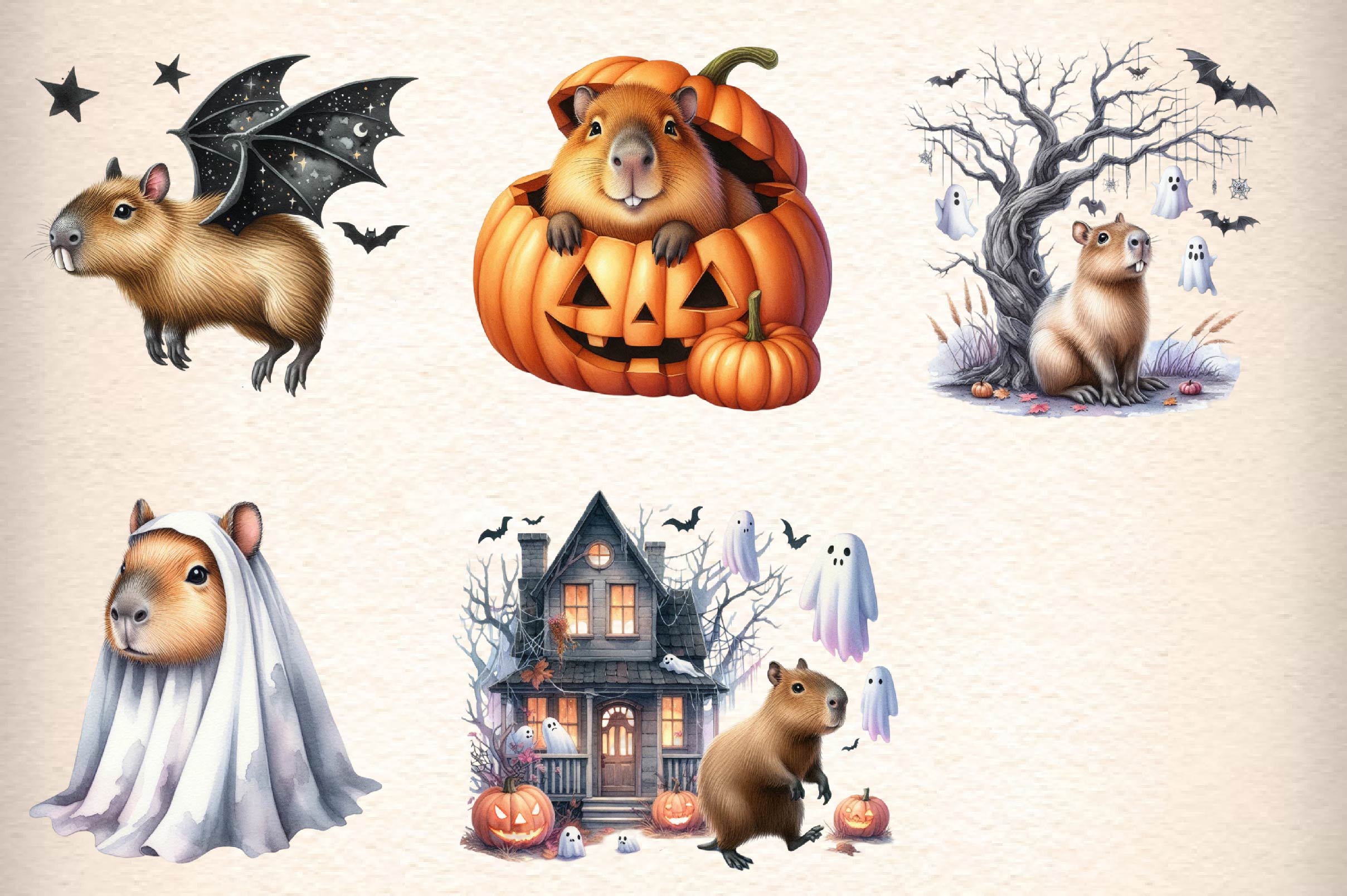 Vintage Halloween Capybara Clipart Bundle