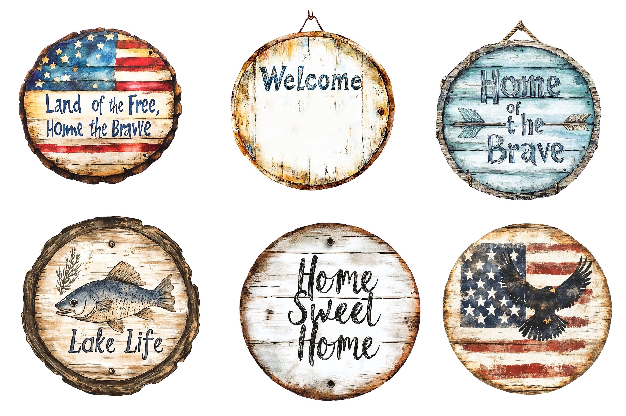 American Rustic Round Metal Wood Sign Clipart Bundle