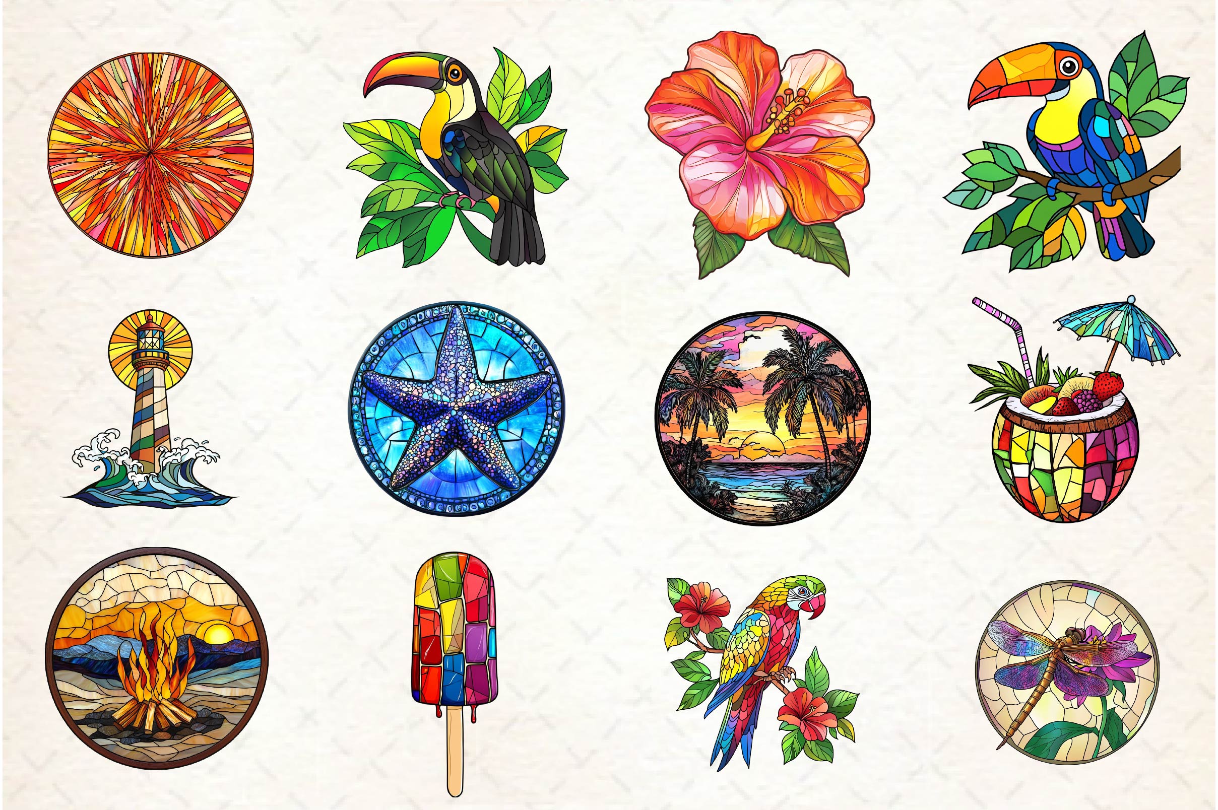 Round Stained Glass Summer Clipart Bundle 1