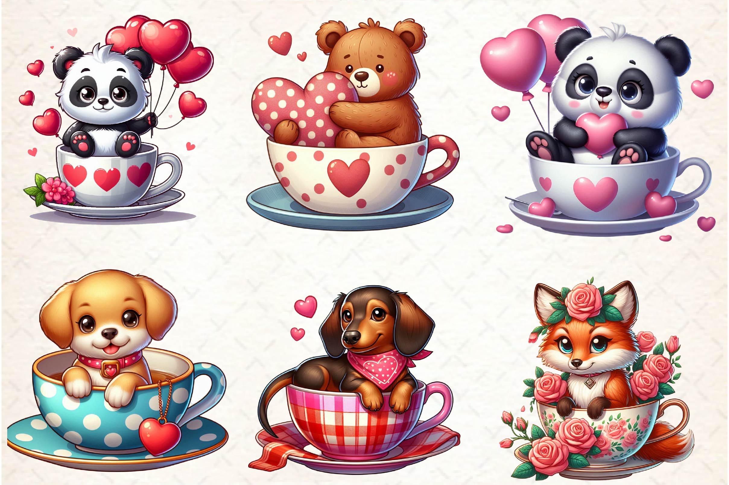 Valentine Animals Tea Cup Clipart Bundle