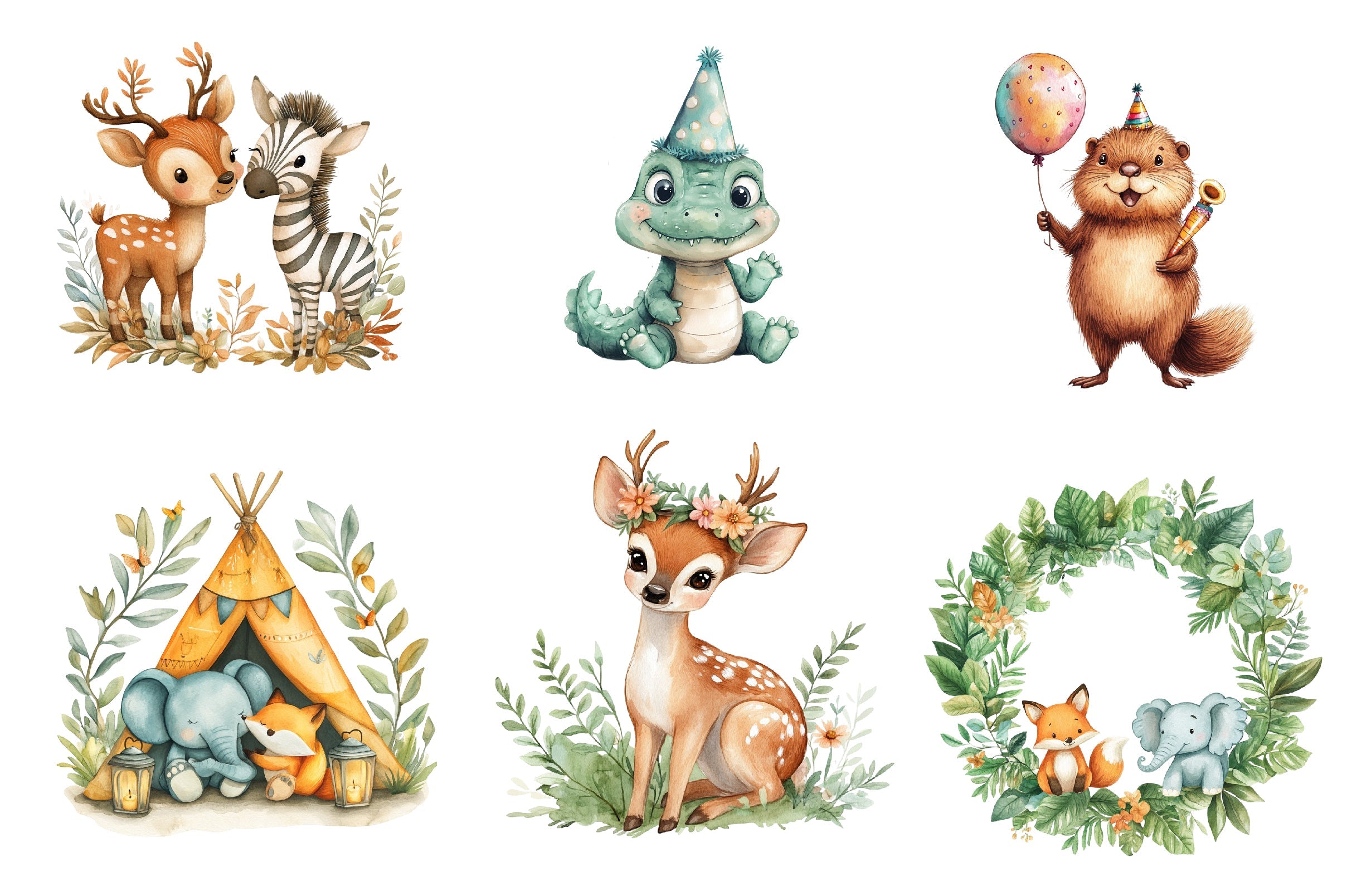 Cute Boho Woodland And Jungle Animals Clipart Bundle