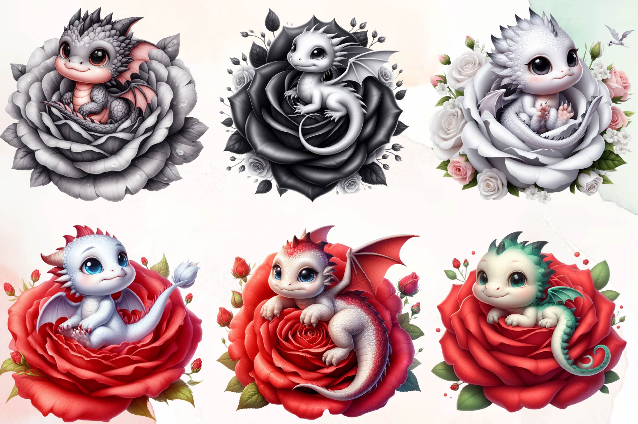 Baby Dragons In Flowers Clipart Bundle