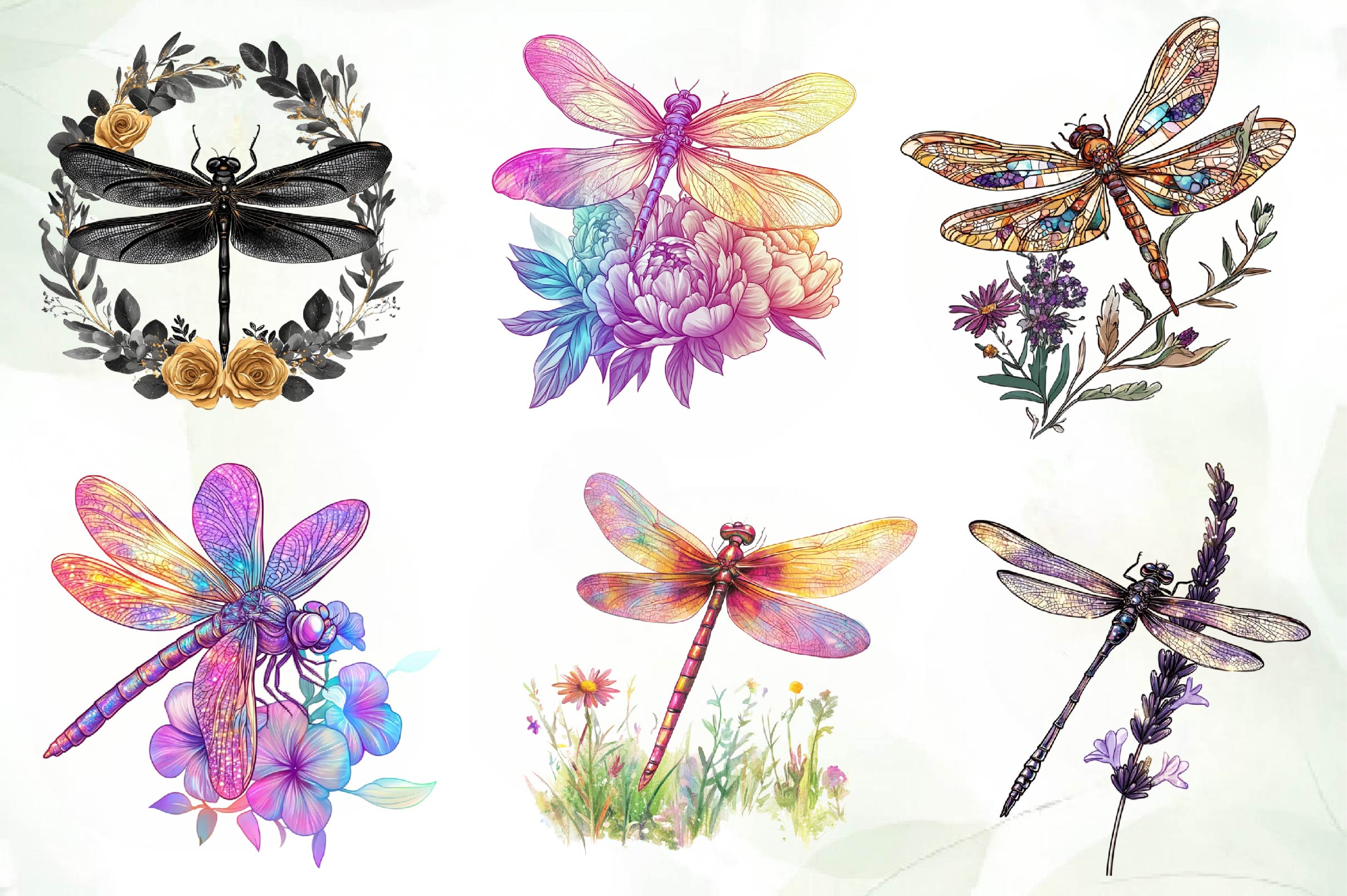 Dragonfly And Flowers Clipart Bundle