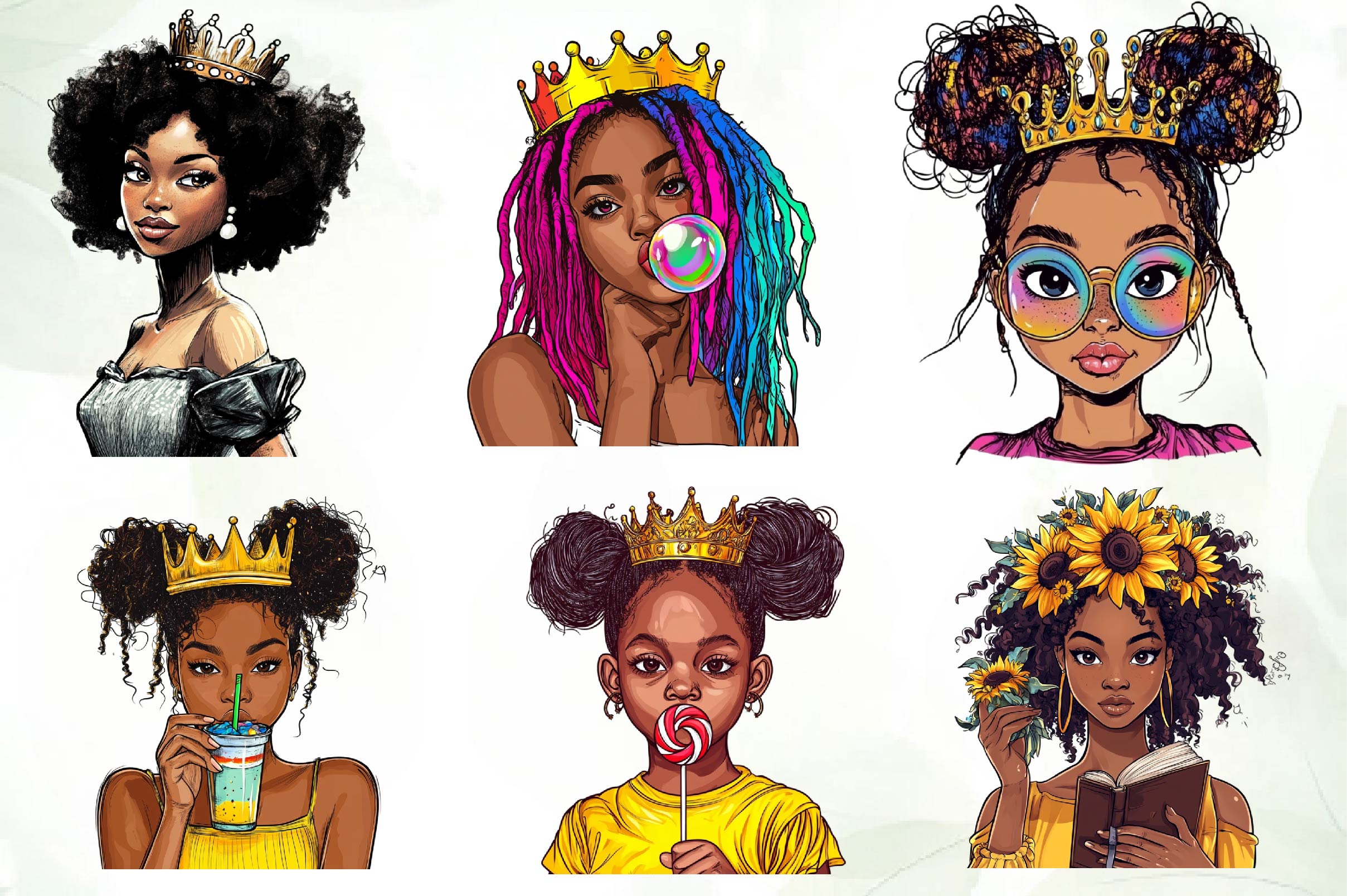 Quirky African American Girl With Crown Clipart Bundle