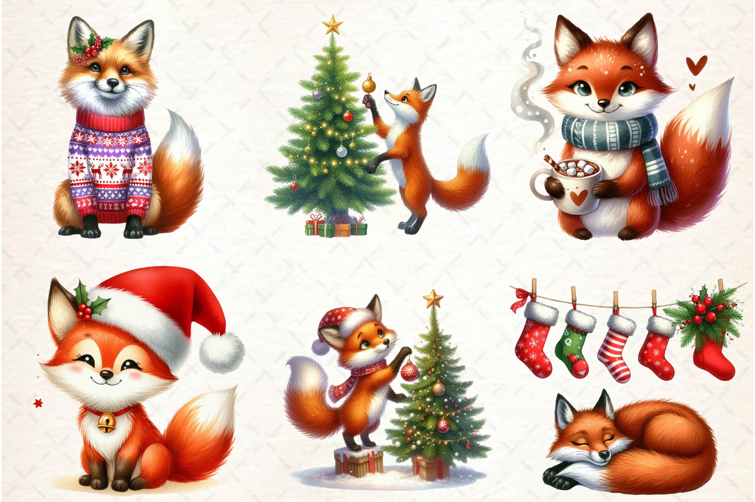 Christmas Fox Set Clipart Bundle