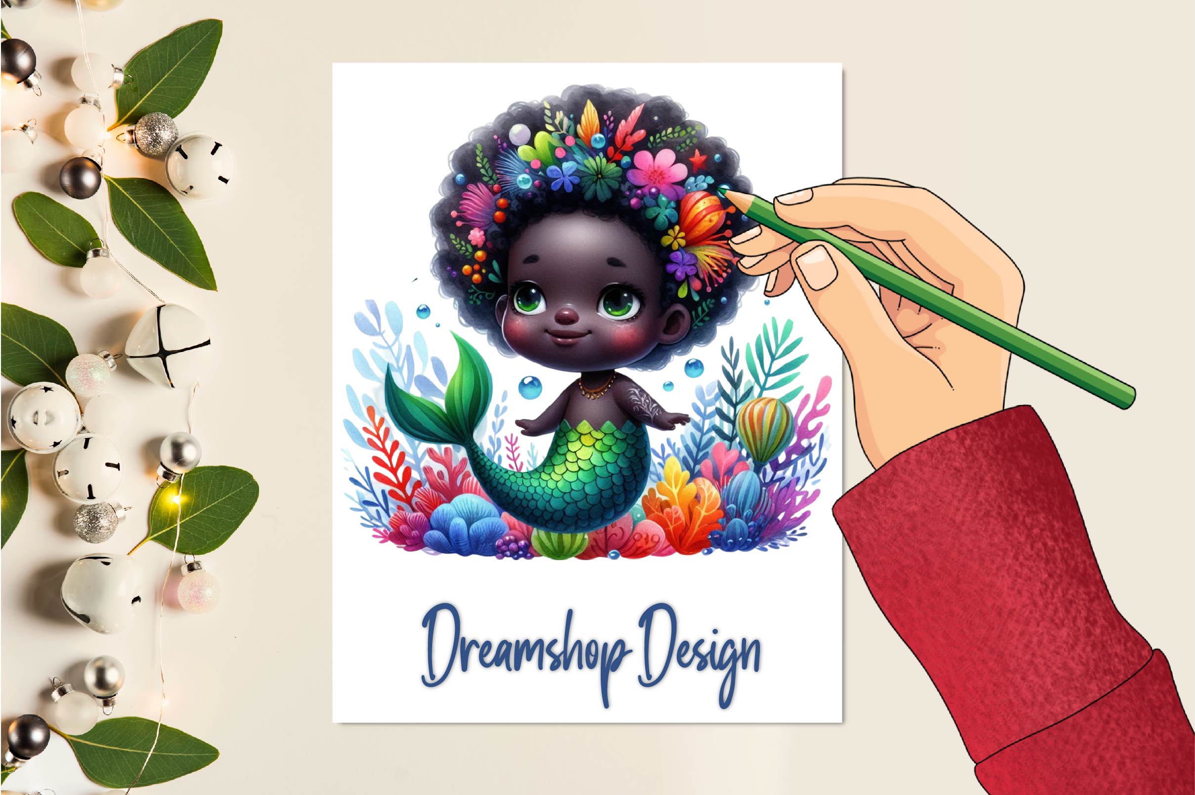 Cute Black Mermaid Clipart Bundle