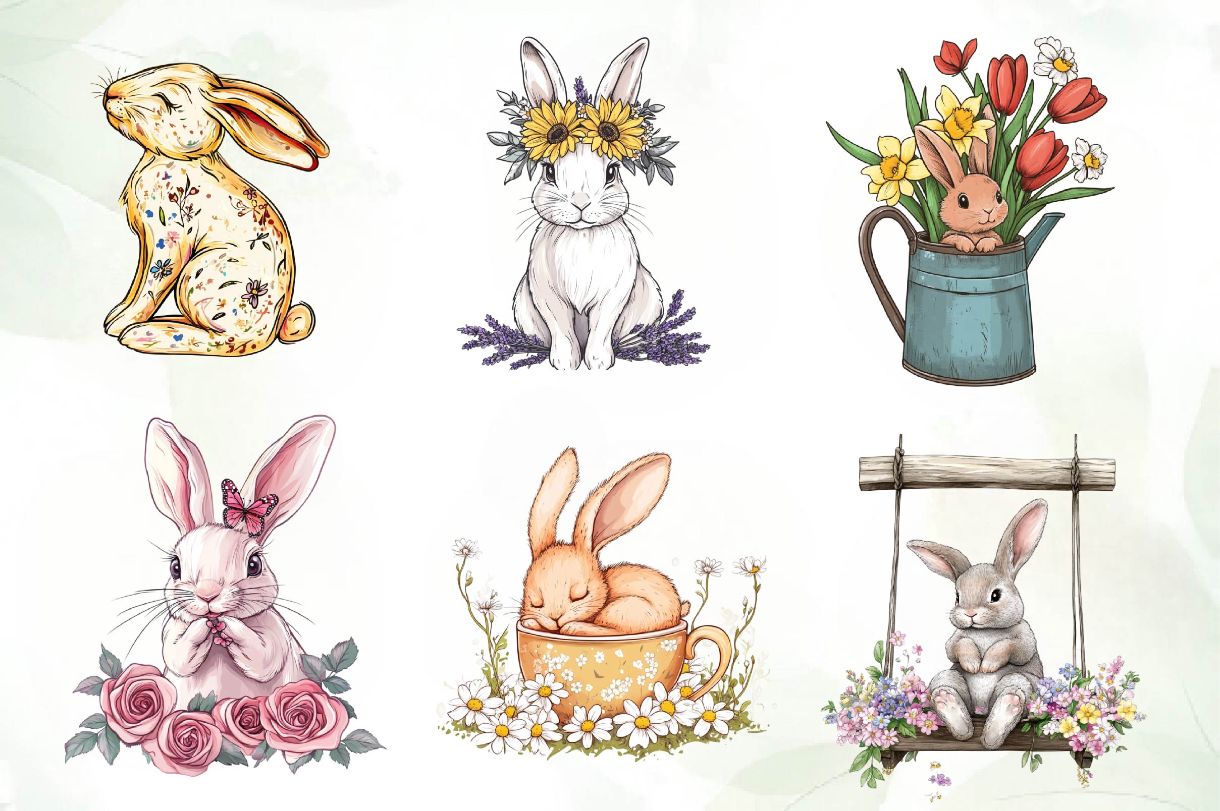 Boho Bunny & Spring Flowers Clipart Bundle