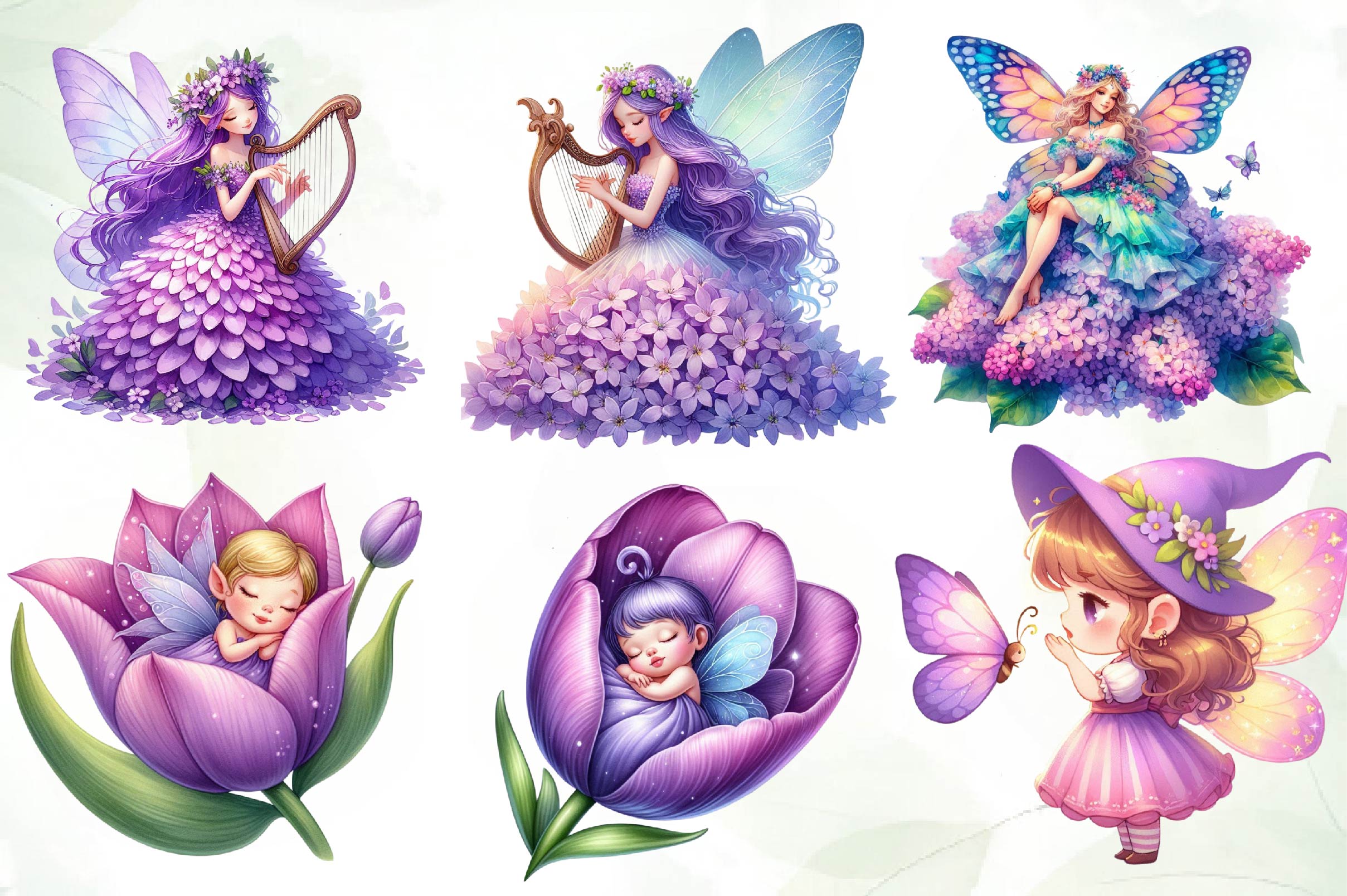 Magical Garden Purple Fairies Clipart Bundle 2