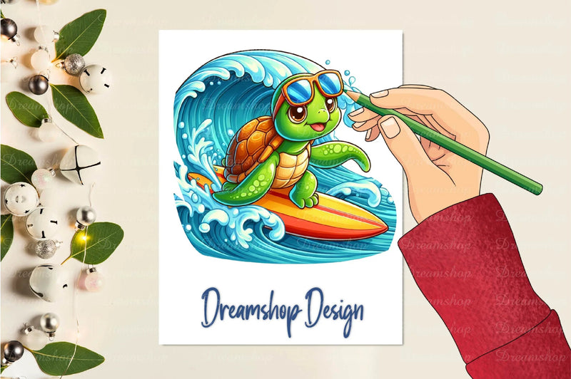 Summer Turtle Surfing On Wave Clipart Bundle - CraftNest - Digital Crafting and Art