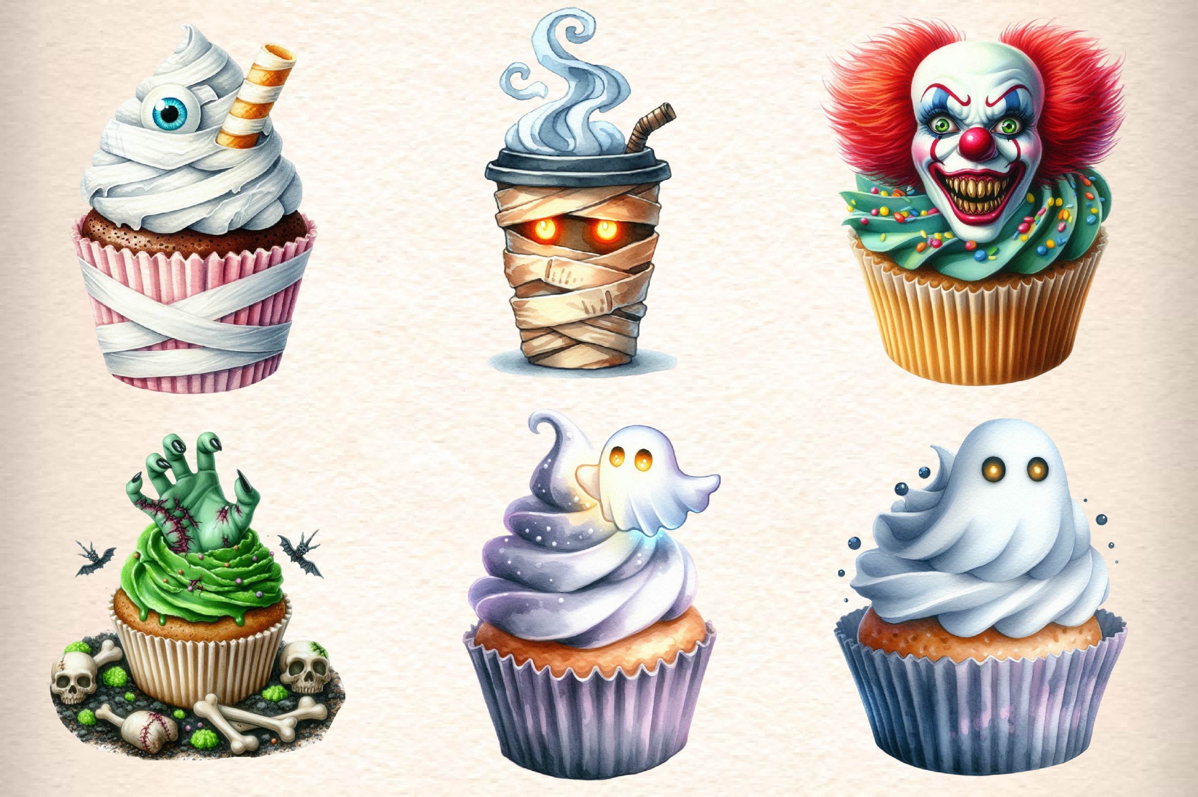 Scary Halloween Cupcake Clipart Bundle
