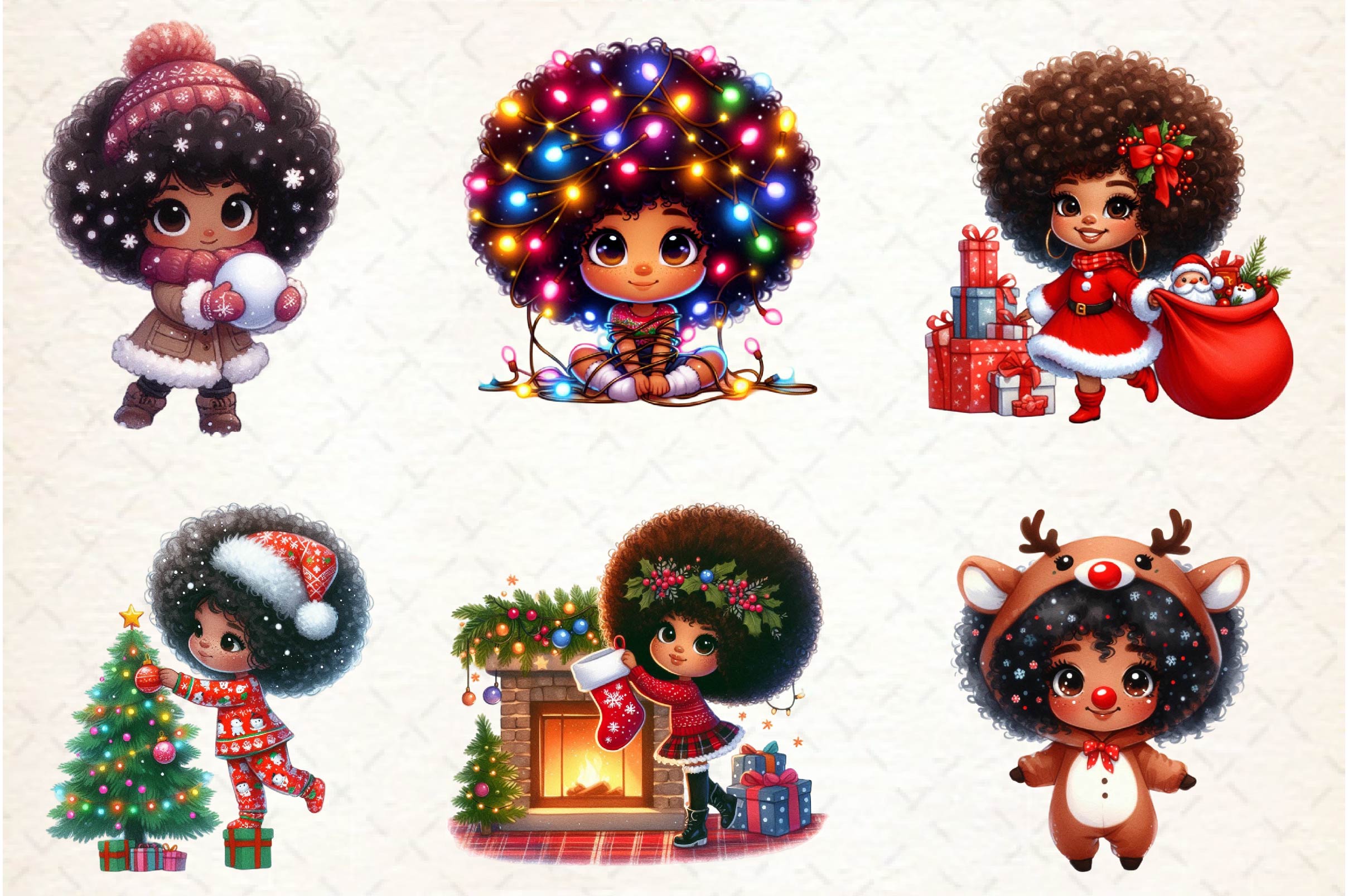 Christmas Afro Chibi Girls Clipart Bundle
