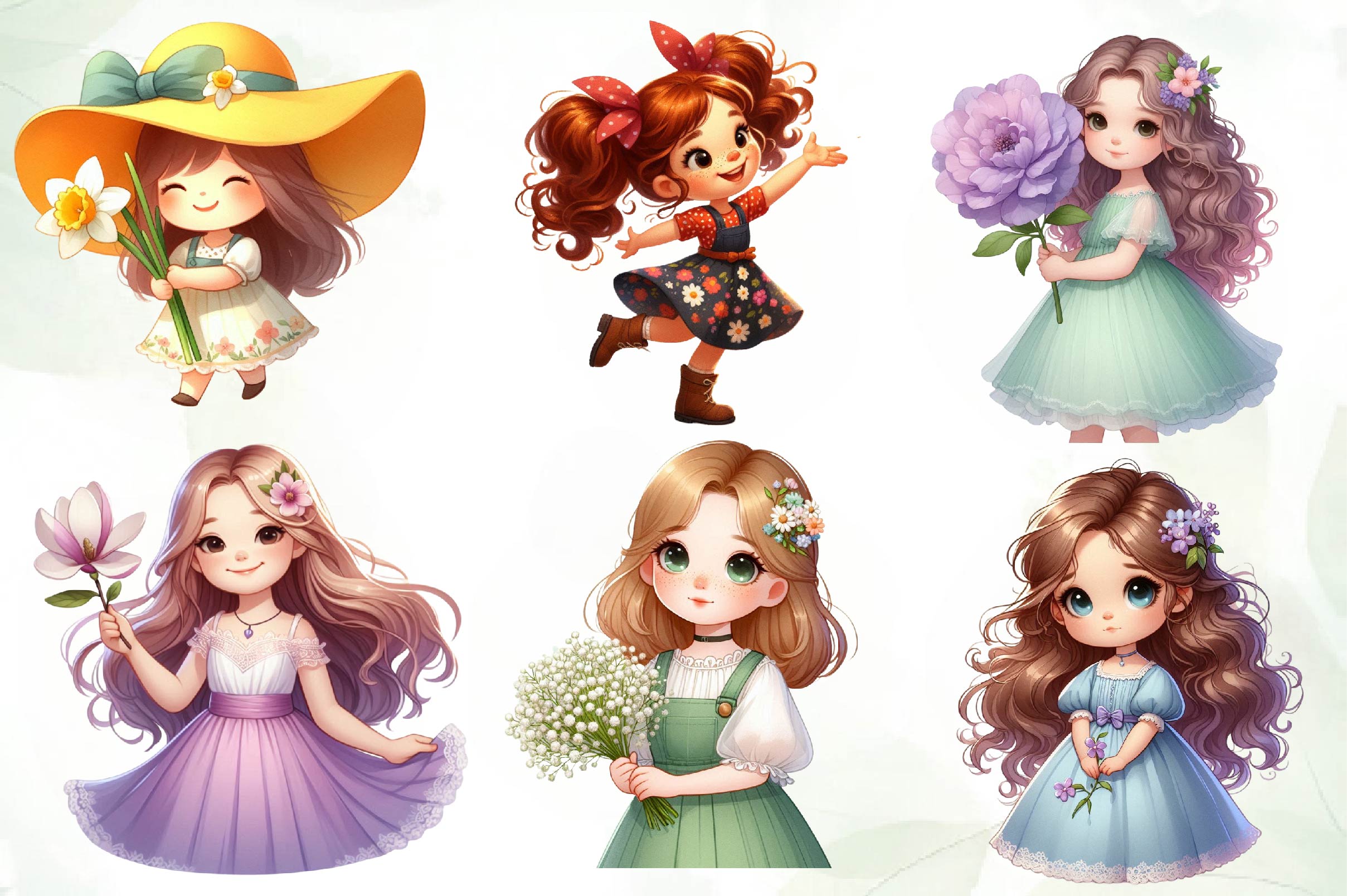 Spring Girl Holding Flower Clipart Bundle