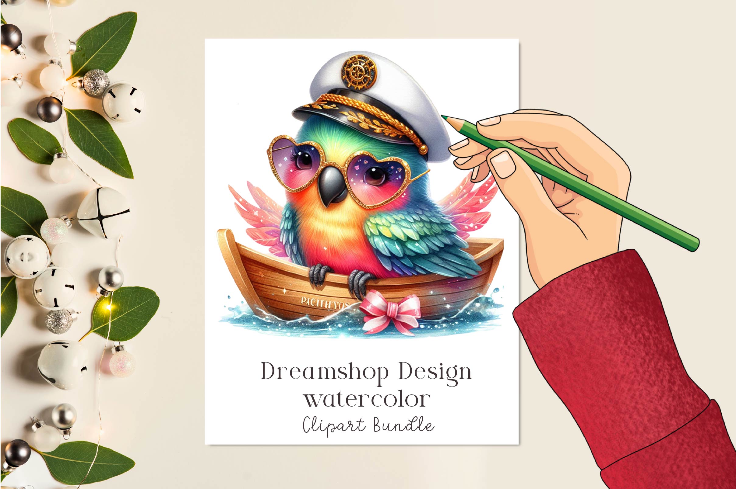 Nautical Parrot Captain Illustration Clipart Bundle