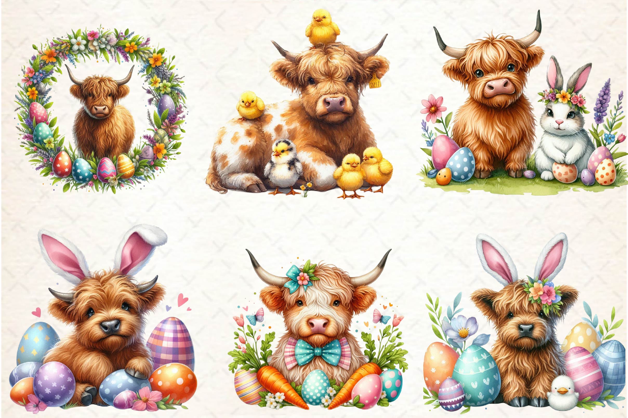 Cute Easter Highland Cow Clipart Bundle 1
