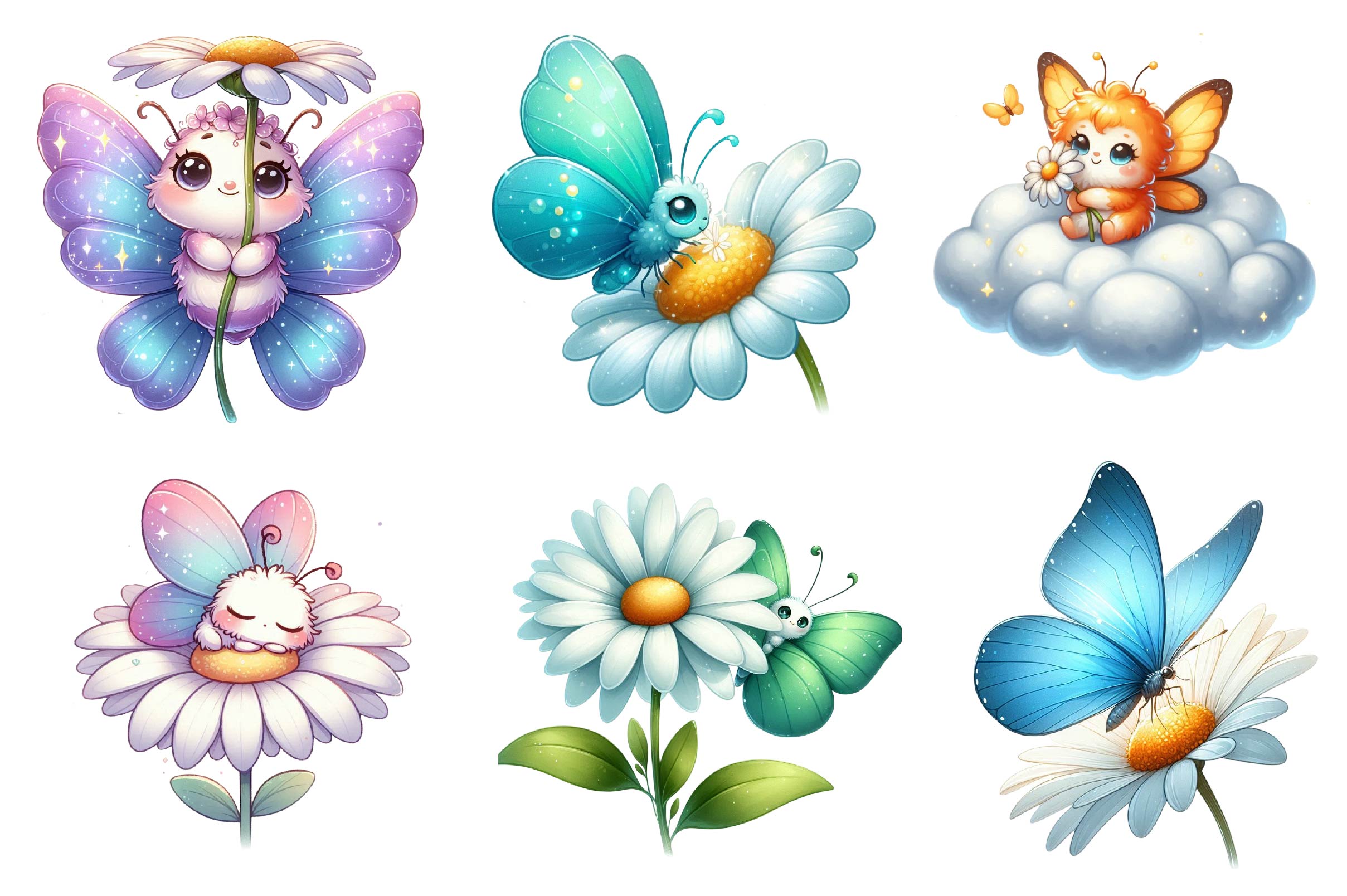 Cute Daisy Cartoon Spring Butterfly Clipart Bundle