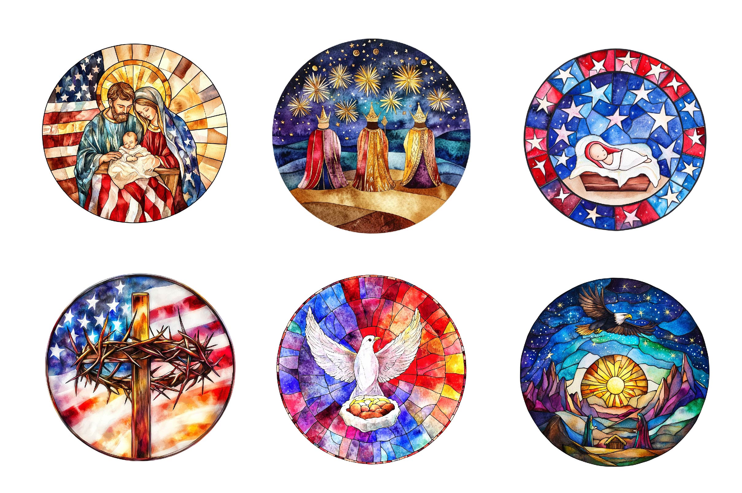 Round Stained Glass 4th Of July Nativity Clipart Bundle