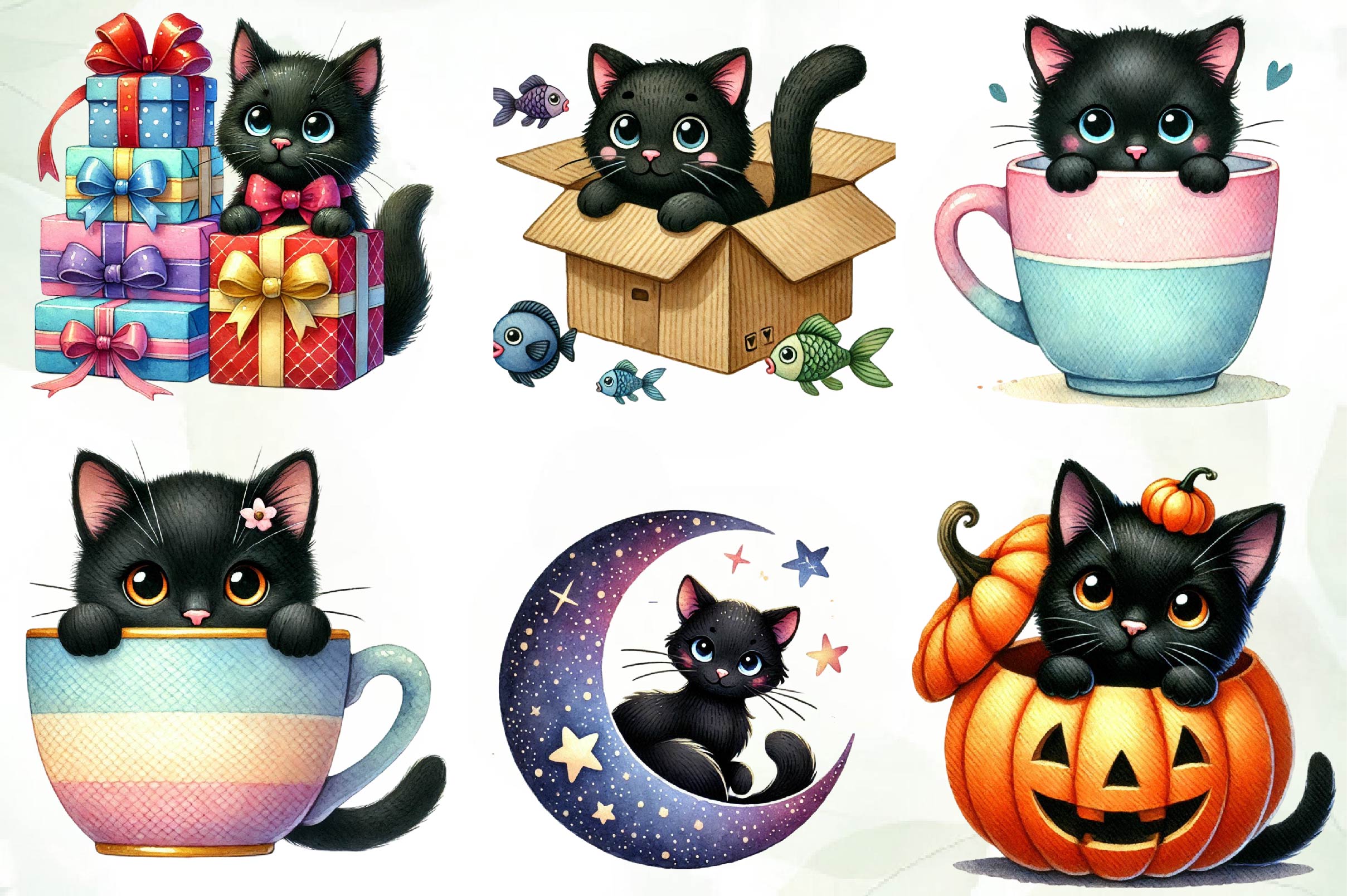 Cute Black Cat Peeking Clipart Bundle