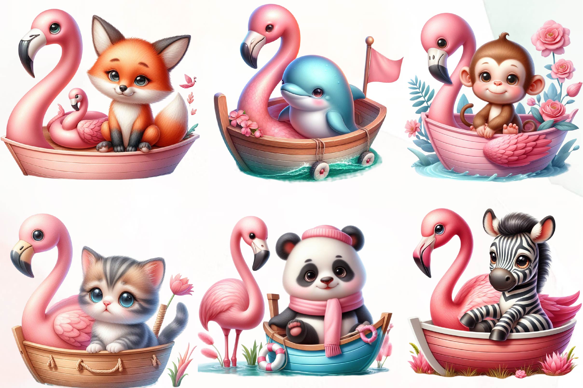 Flamingo Boat Animals Clipart Bundle