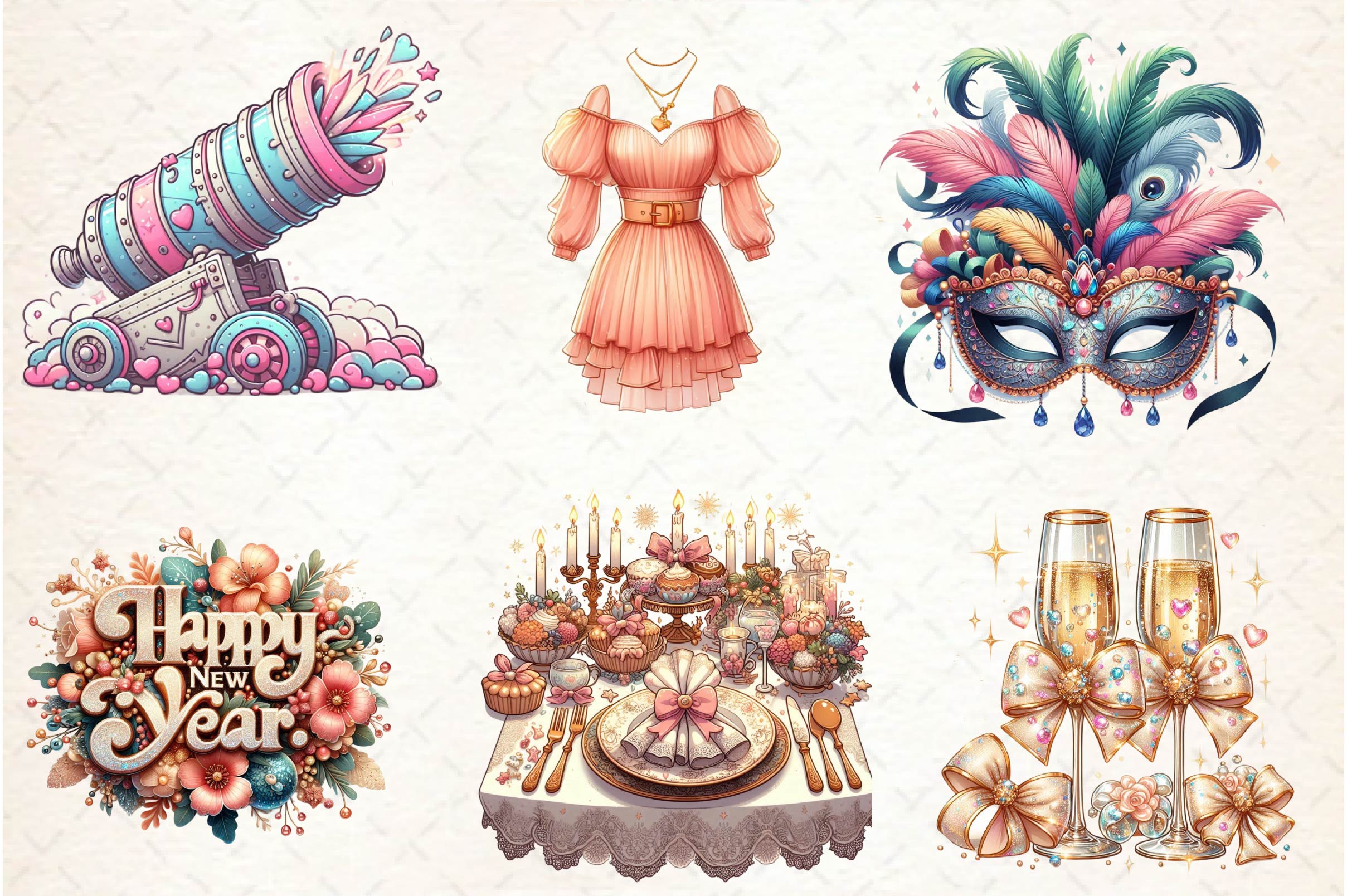Coquette Happy New Year Party Clipart Bundle