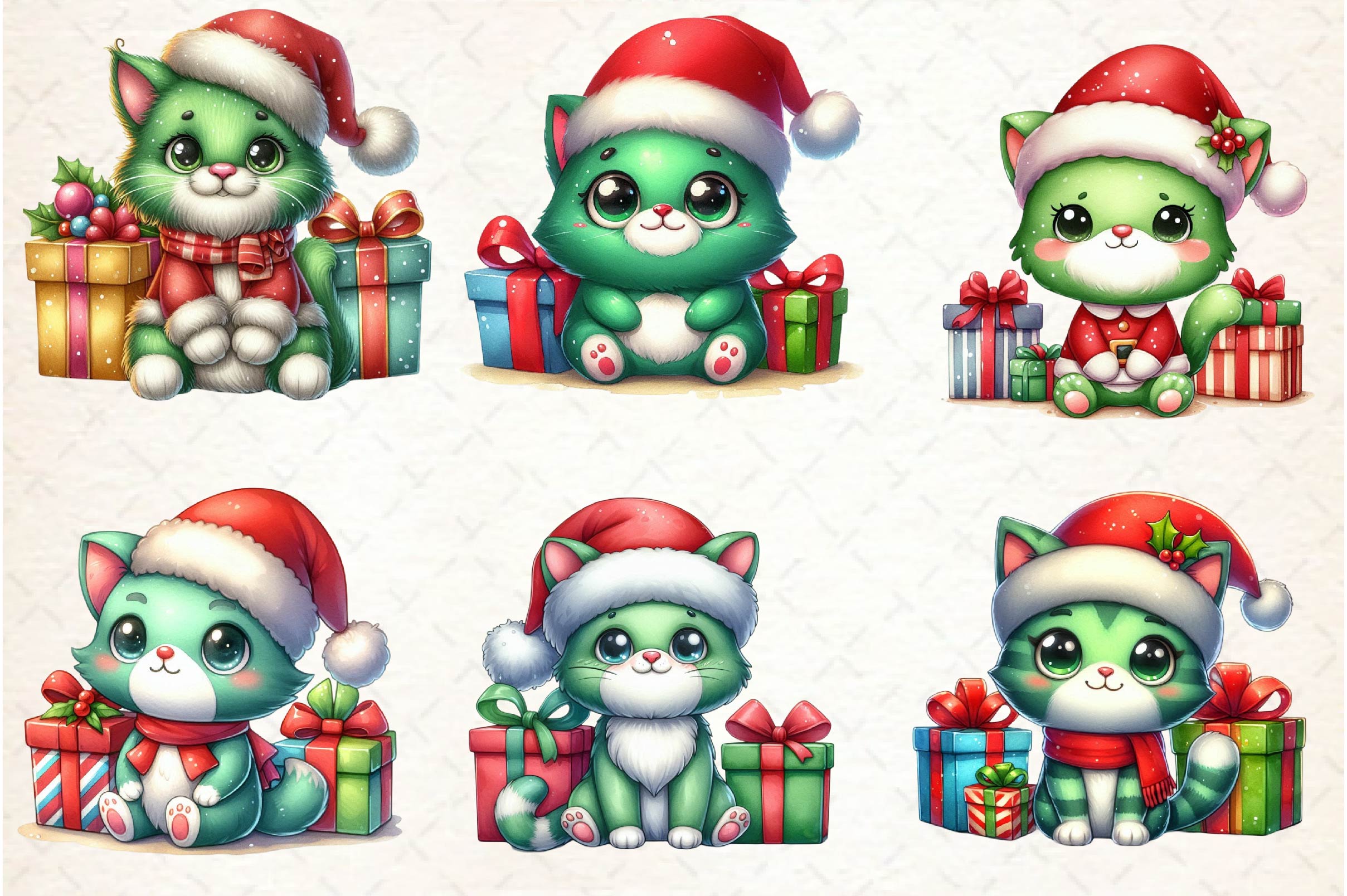 Cute Green Christmas Cat Clipart Bundle