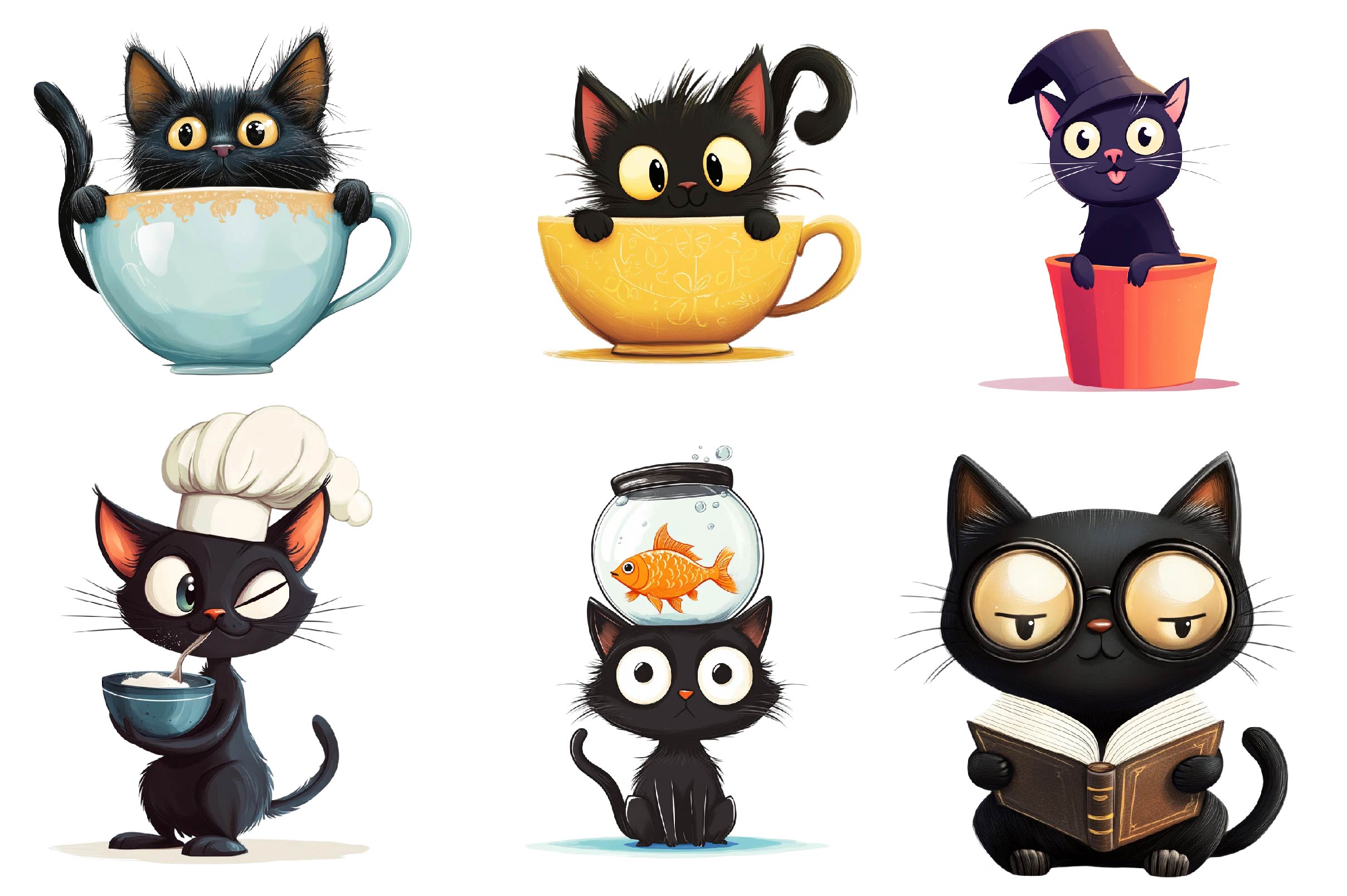 Quirky Funny Black Cat Clipart Bundle