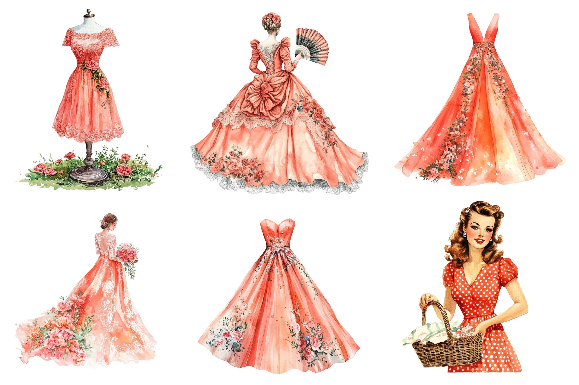 Coral Spring Vintage Woman Clipart Bundle