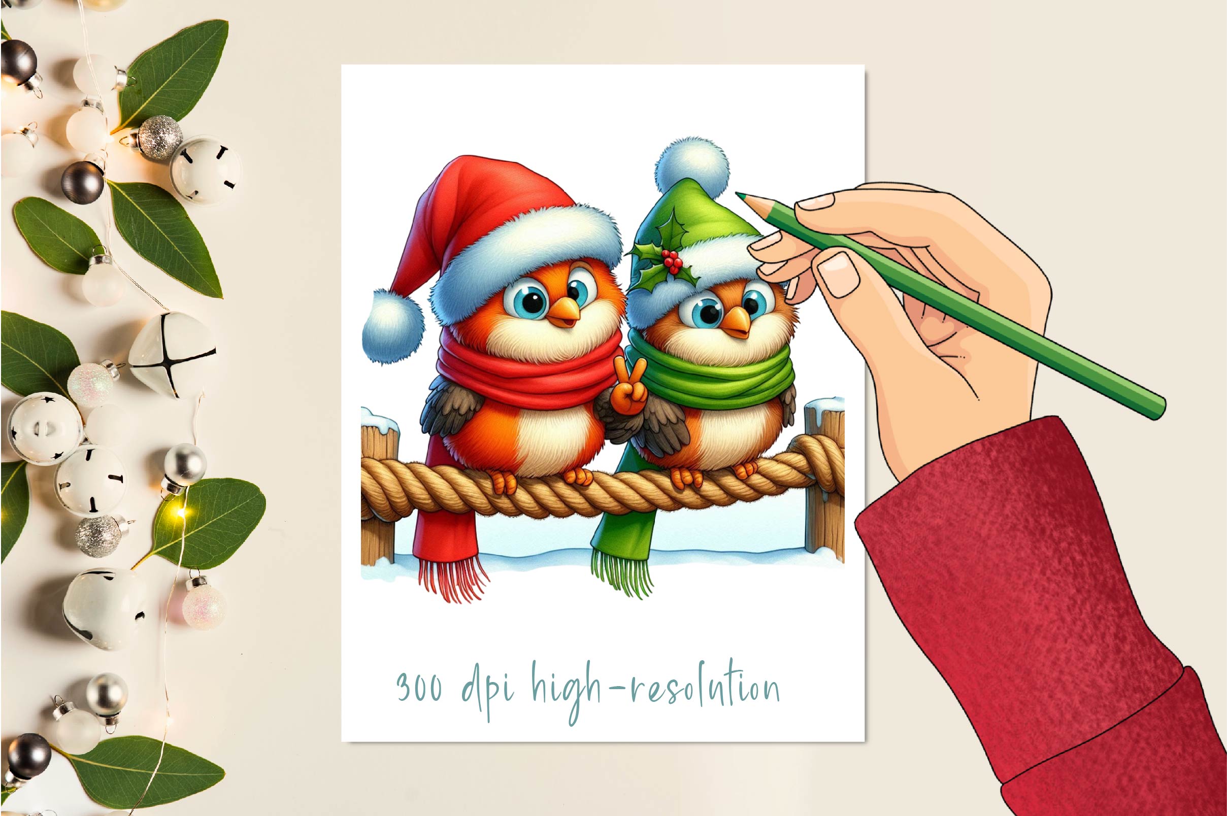 Christmas Funny Birds On Rope Clipart Bundle