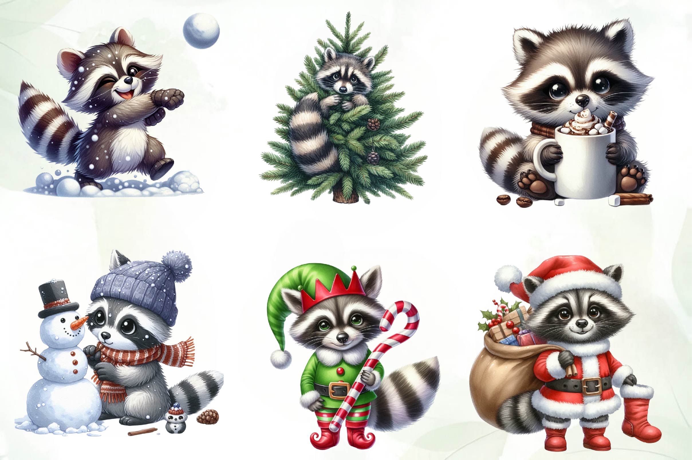Funny Christmas Raccoon Clipart Bundle