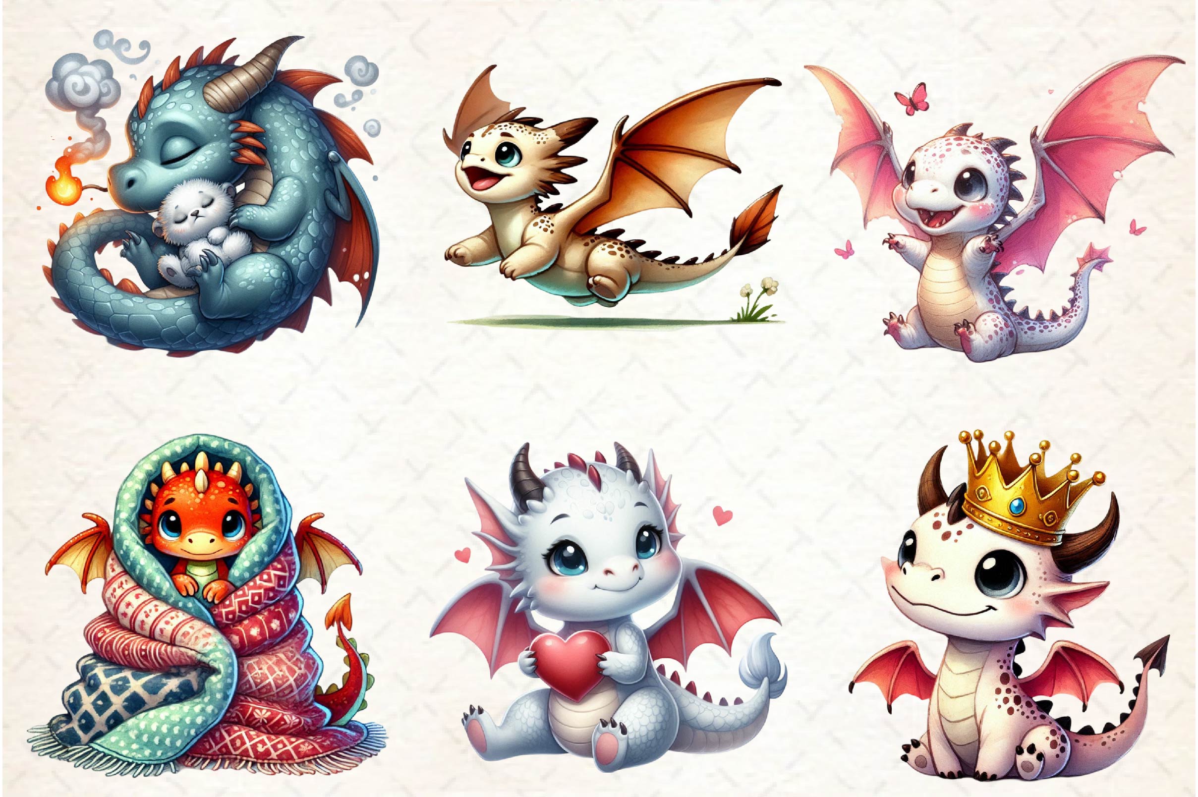 Cute Fantasy Baby Dragons Clipart Bundle