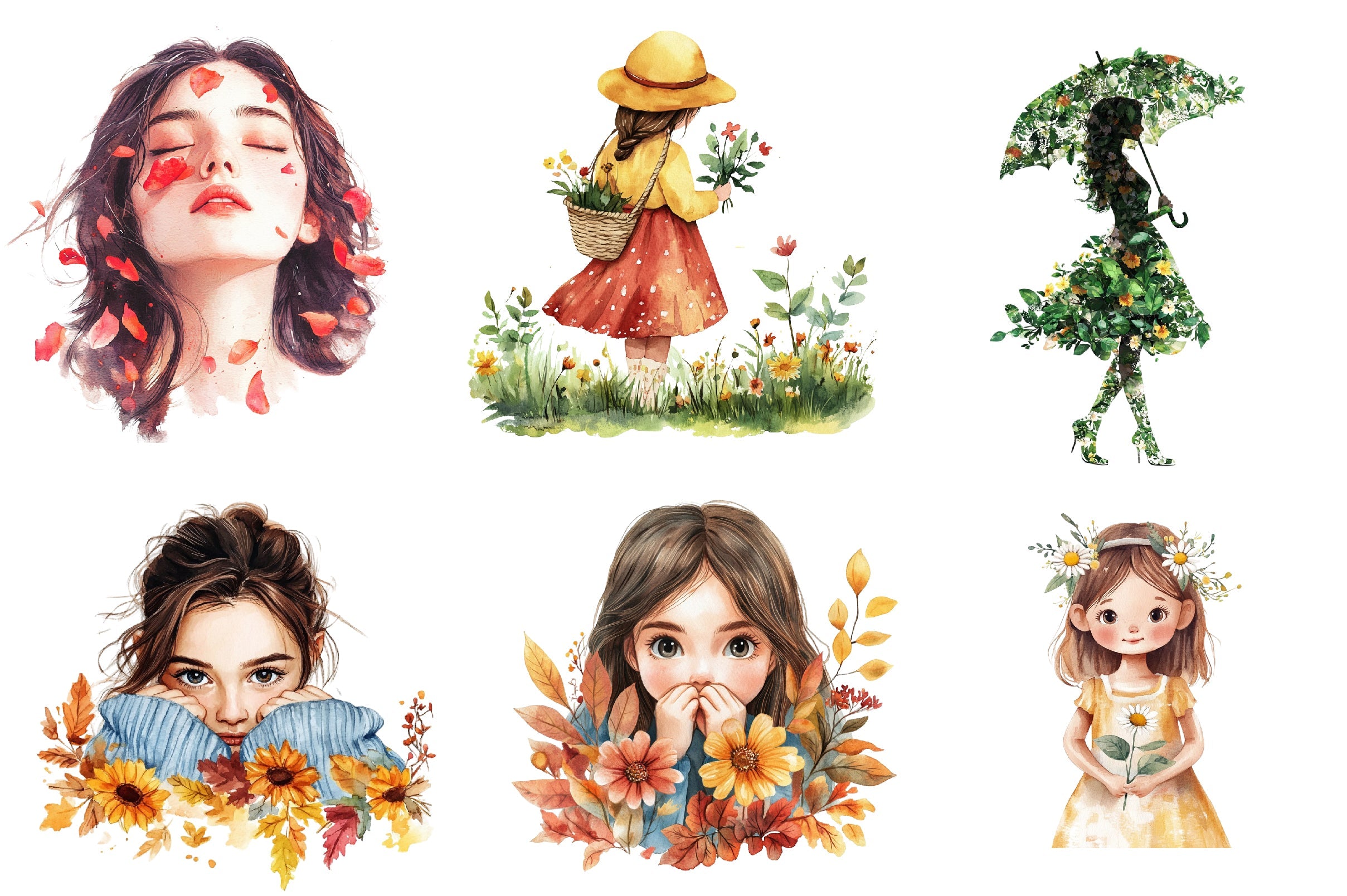 Girls With Fall Flowers Clipart Bundle