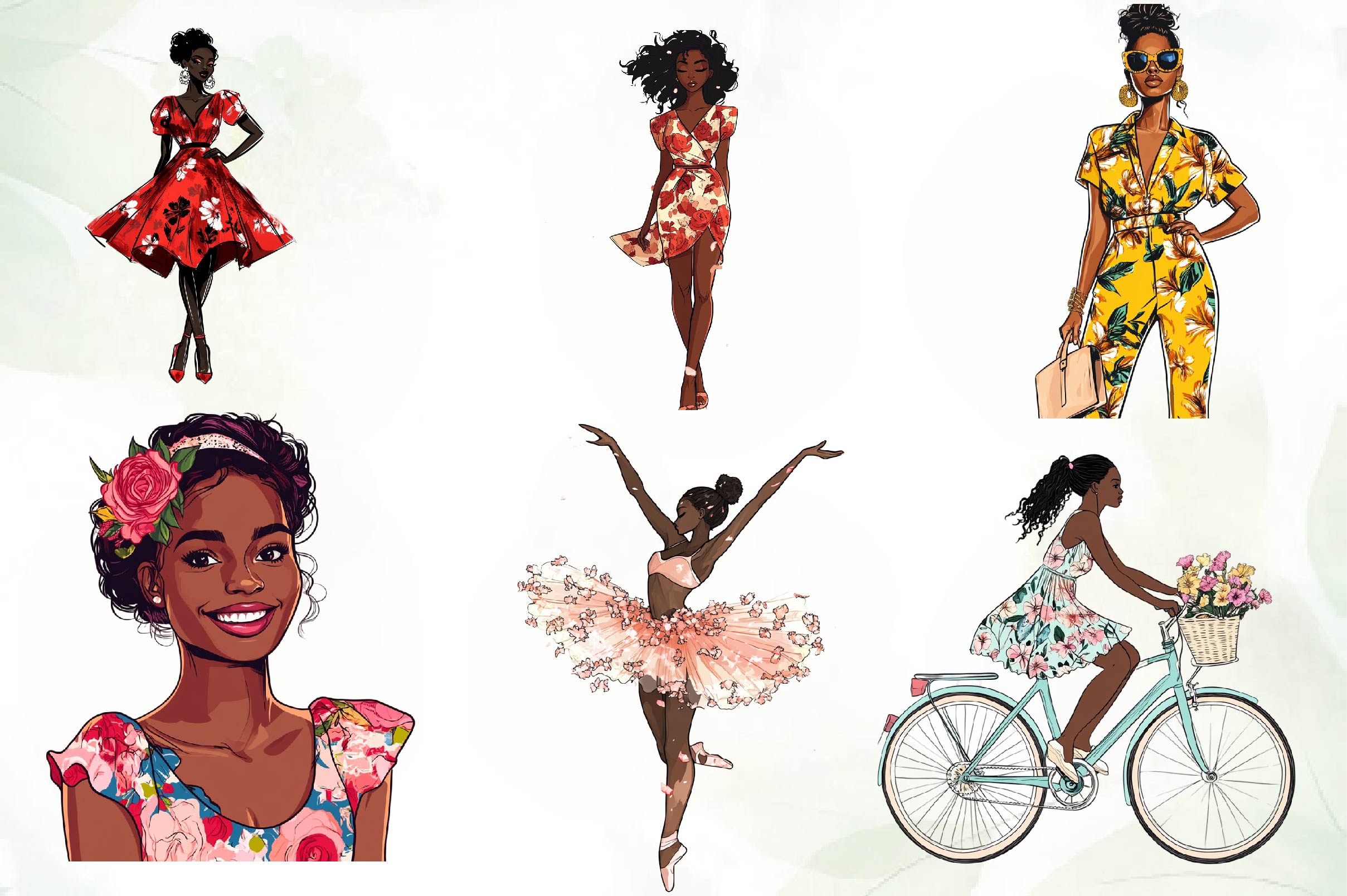 Floral Dress Black Girls Clipart Bundle