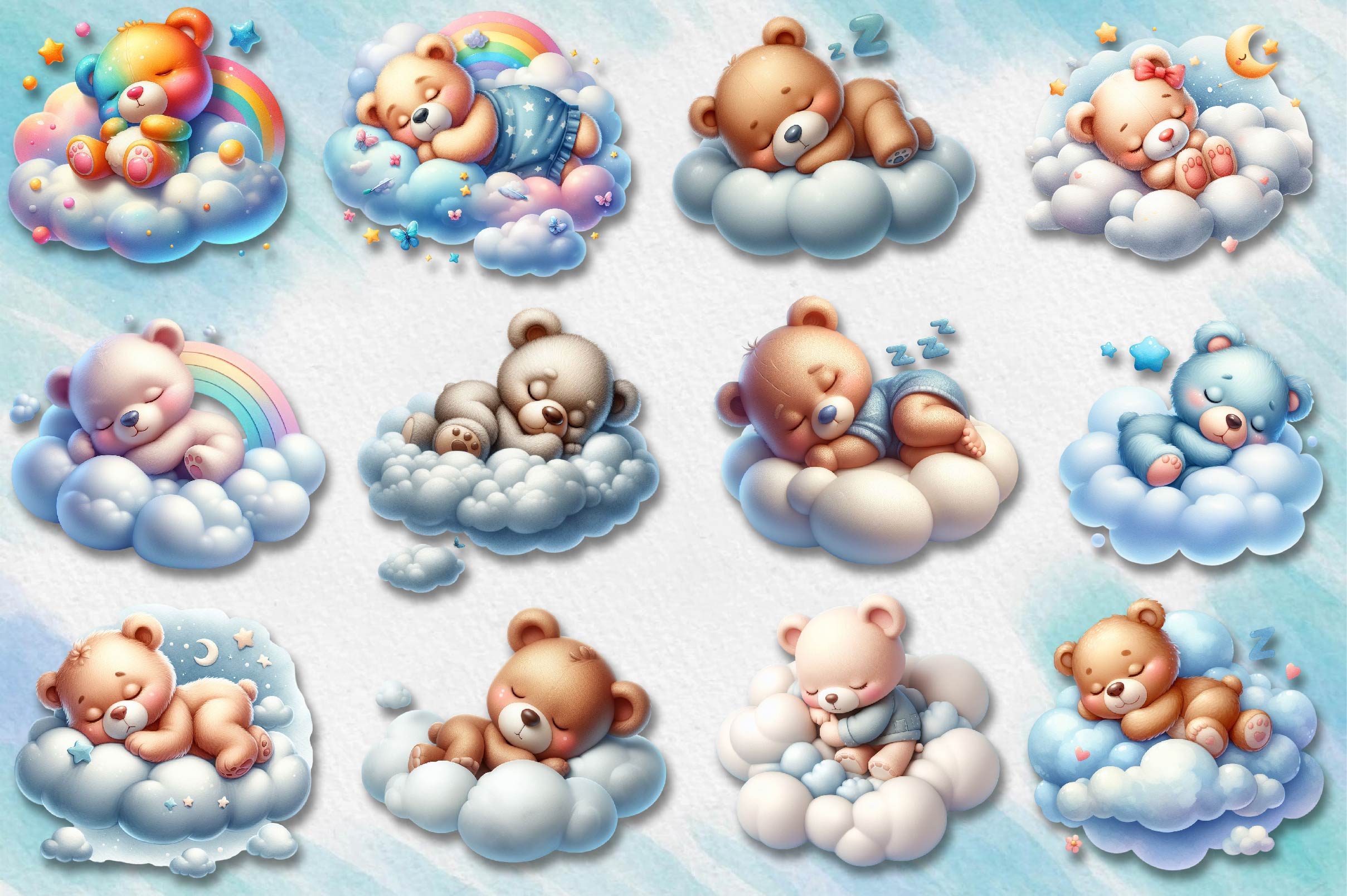 Sleeping Baby Teddy Bears Clipart Bundle