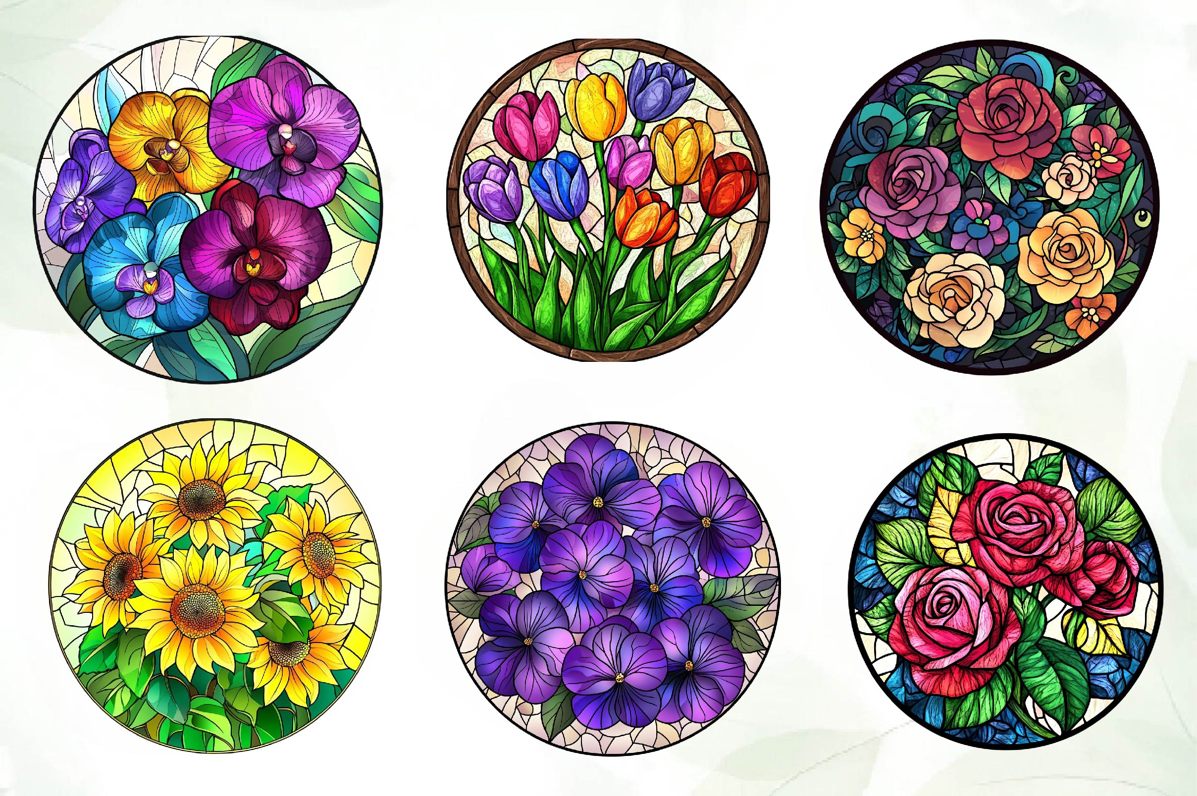Floral Round Stained Glass Clipart Bundle