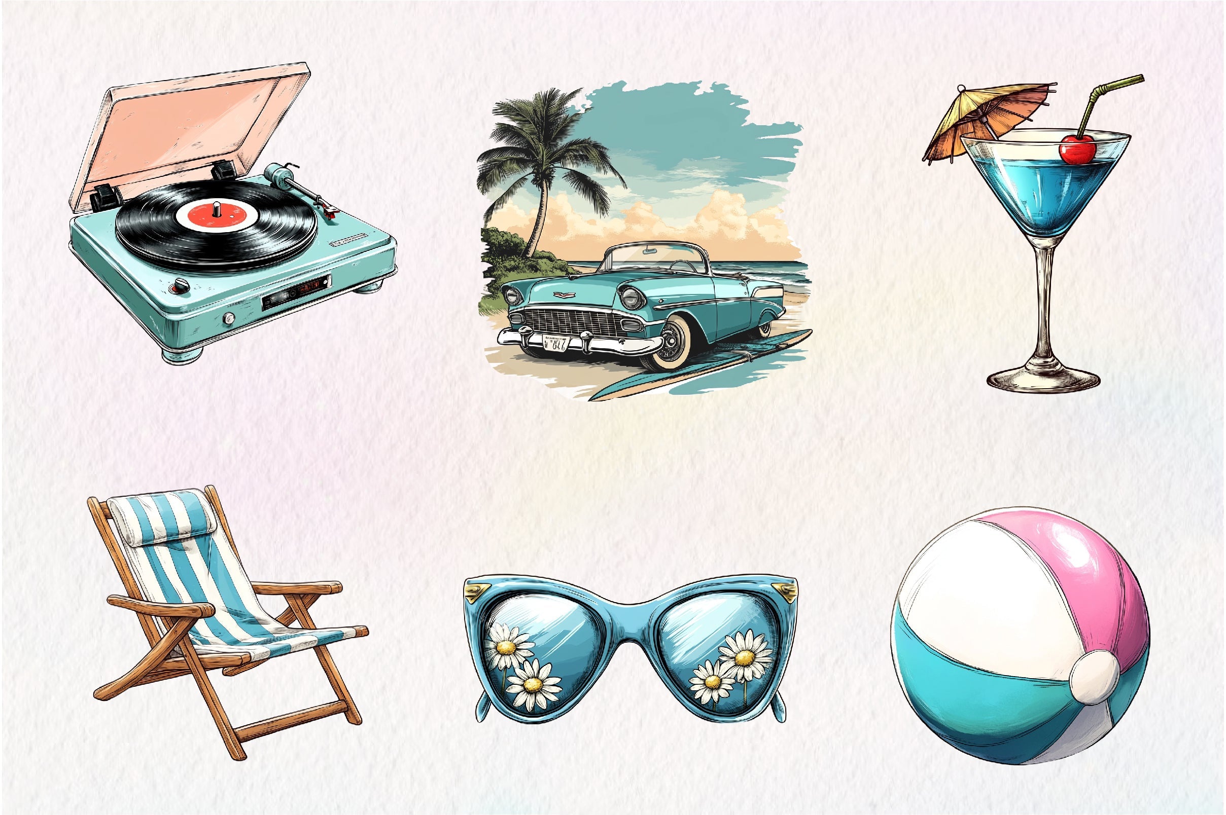 Aqua Color 1950s Style Beach Day Clipart Bundle