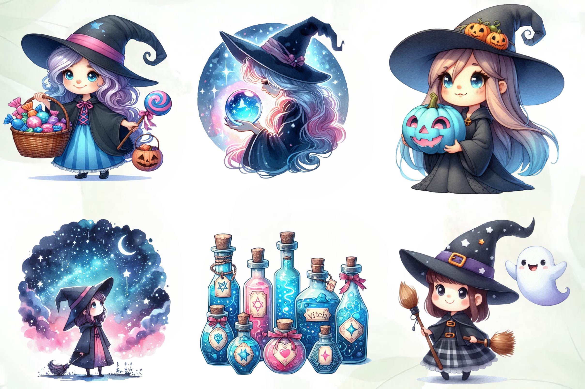 Cute Blue & Pink Witch Clipart Bundle