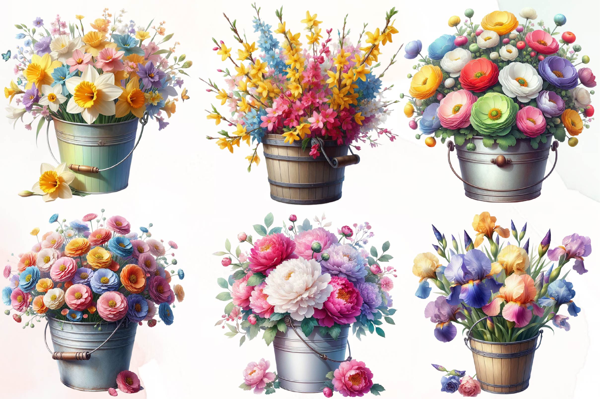 Spring Flower Bucket Clipart Bundle