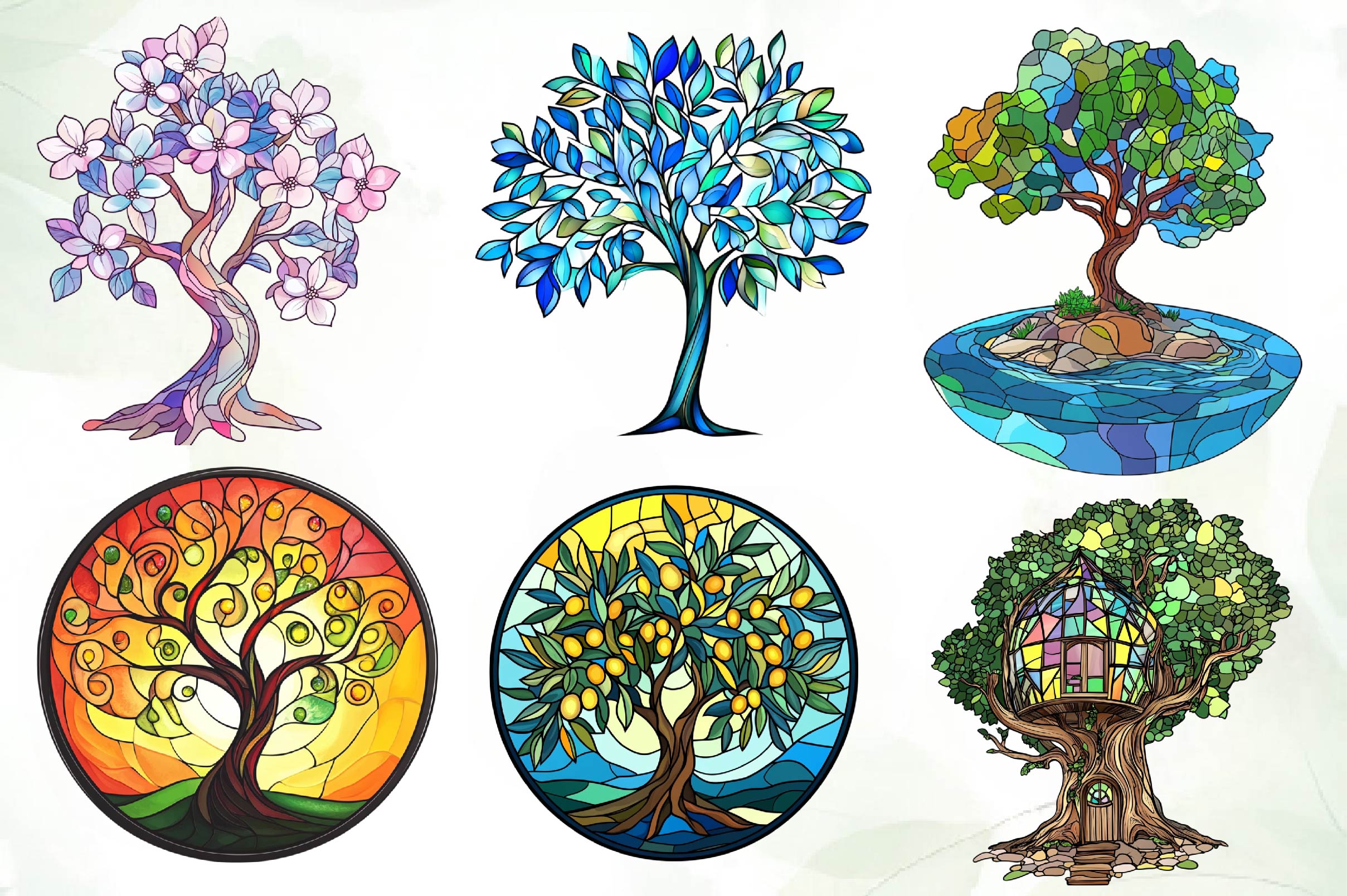Round Stained Glass Tree Clipart Bundle