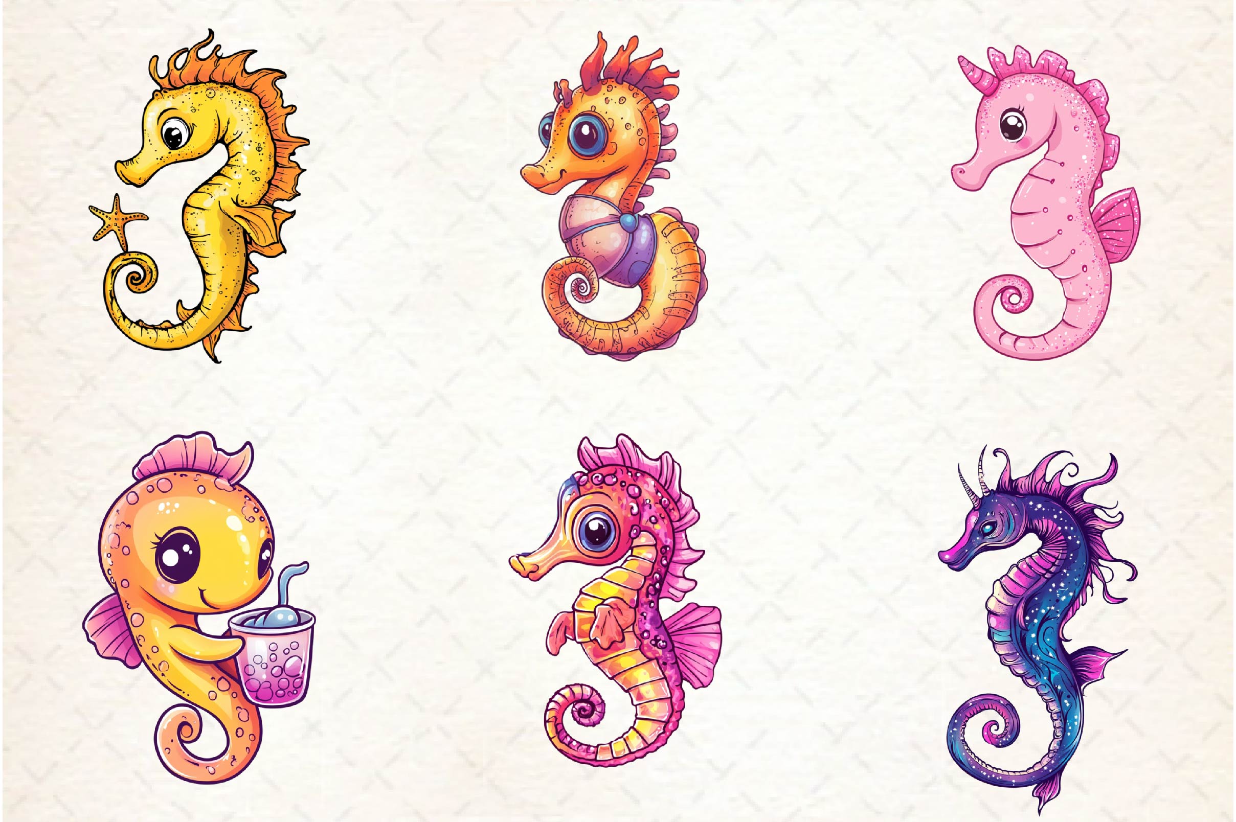 Summer Cute Sea Horse Clipart Bundle