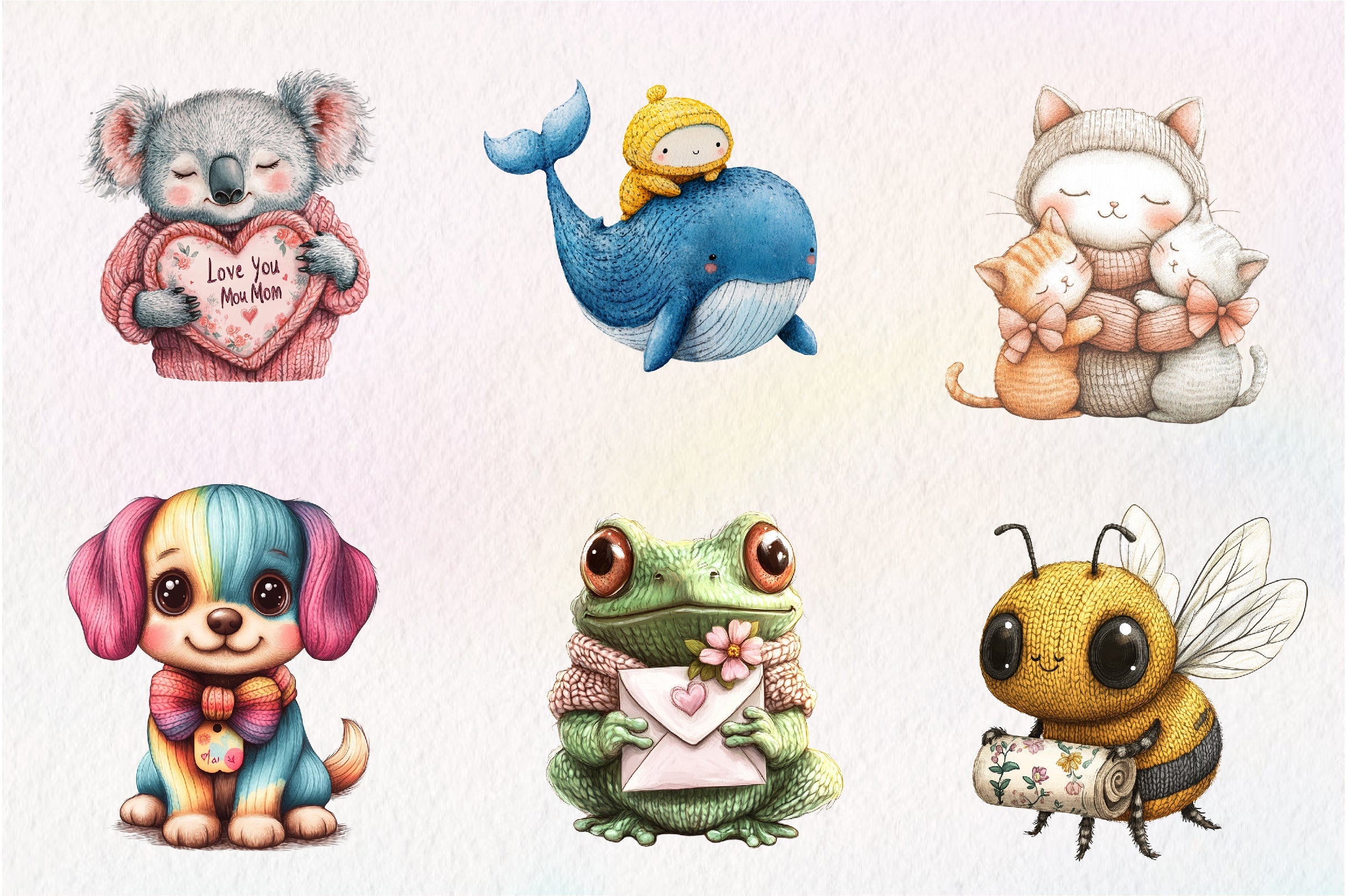 Kawaii Knitted Animals Mother's Day Clipart Bundle