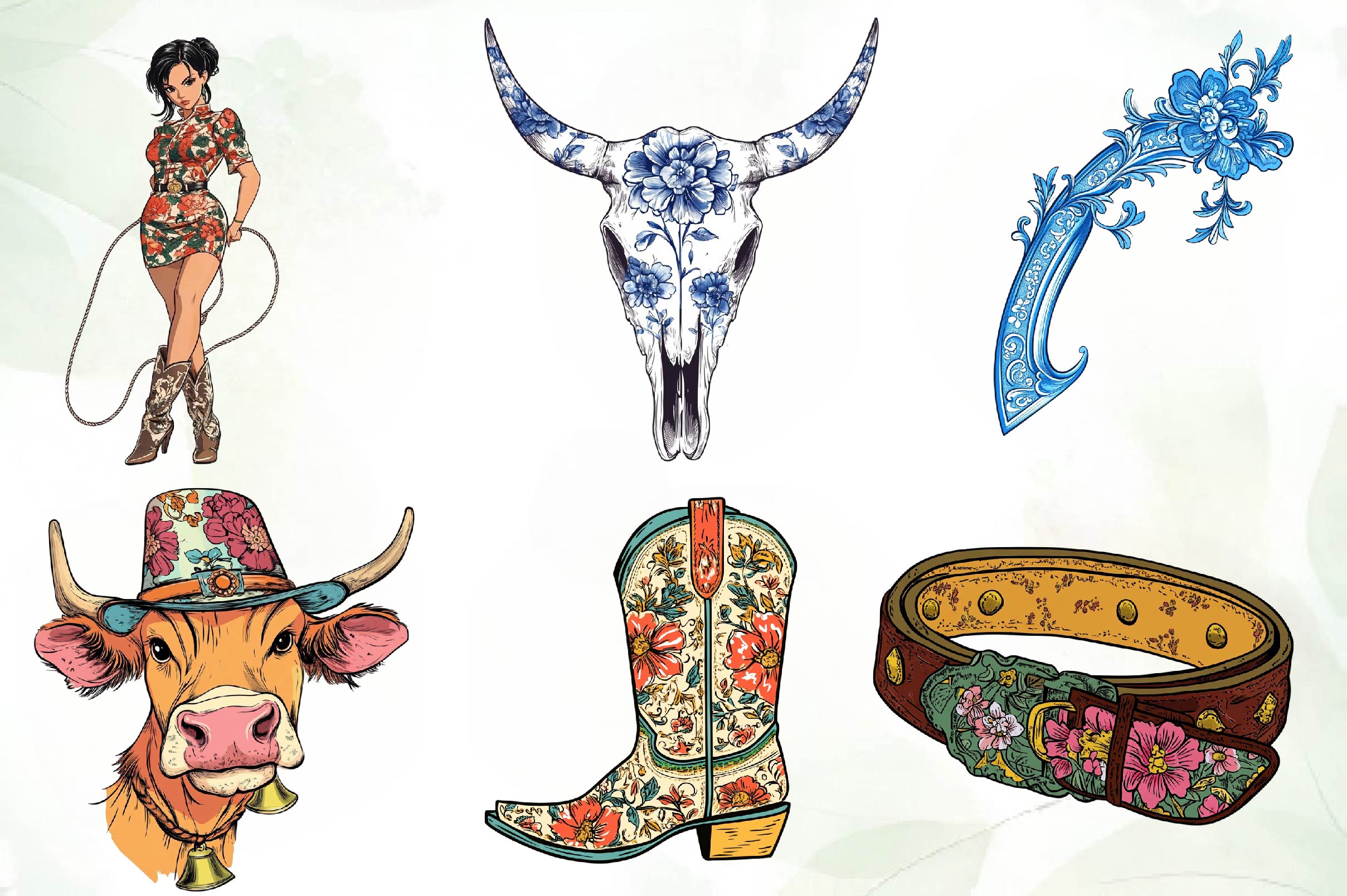 Cute Chinoiserie Cowgirl Clipart Bundle
