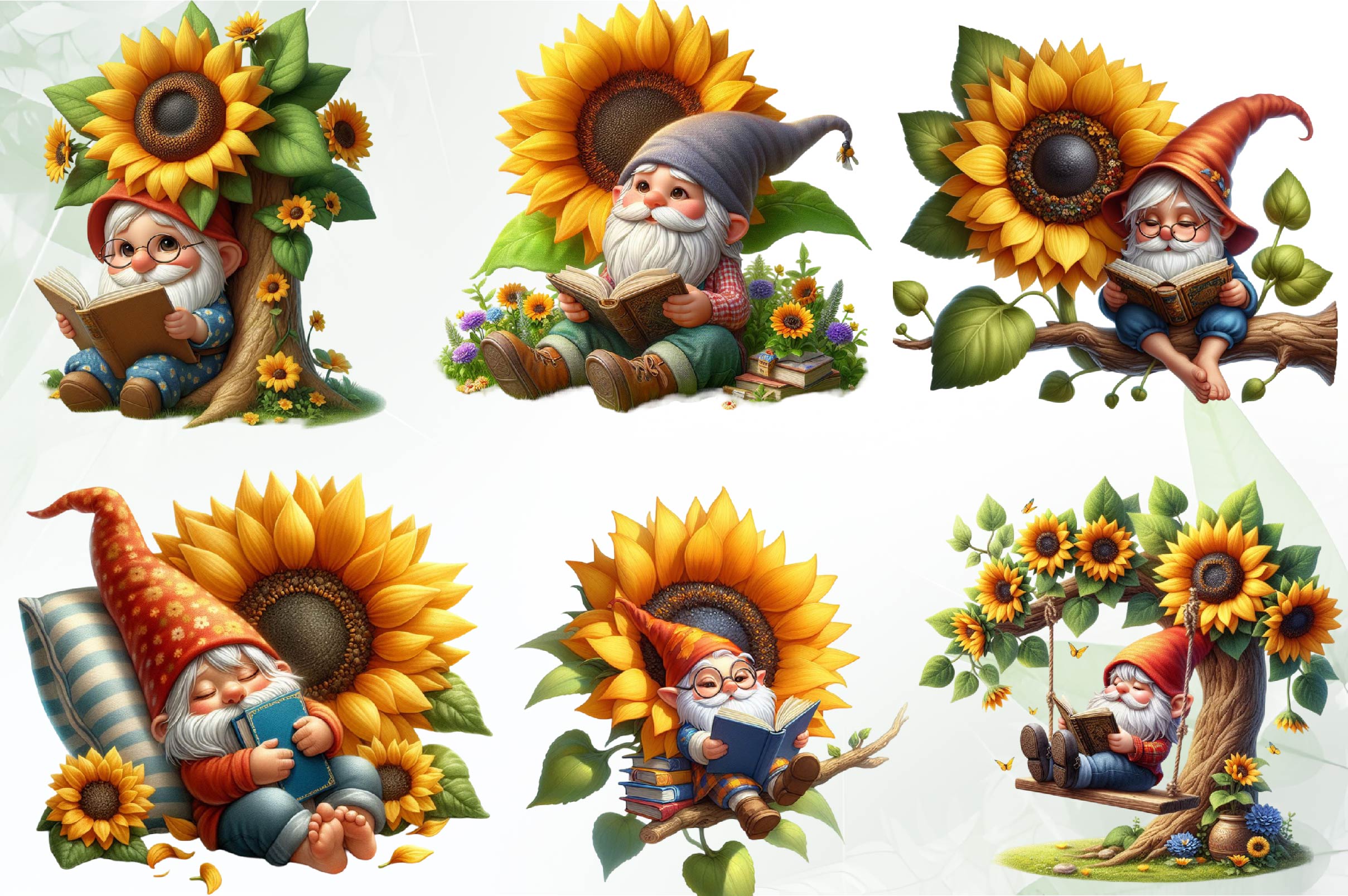 Sunflower Gnomes Reading Book Clipart Bundle
