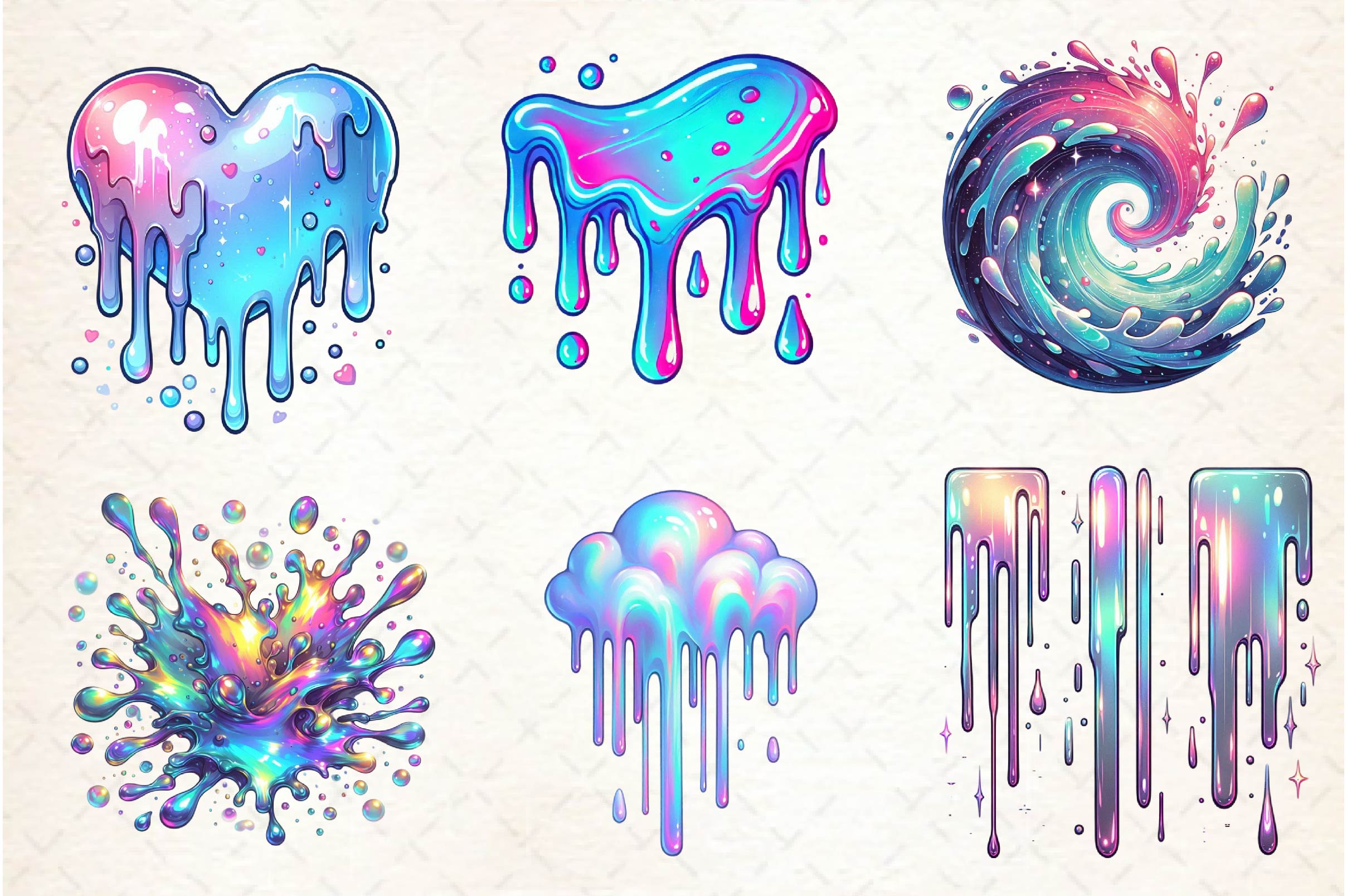 Holographic Drips And Splashes Clipart Bundle