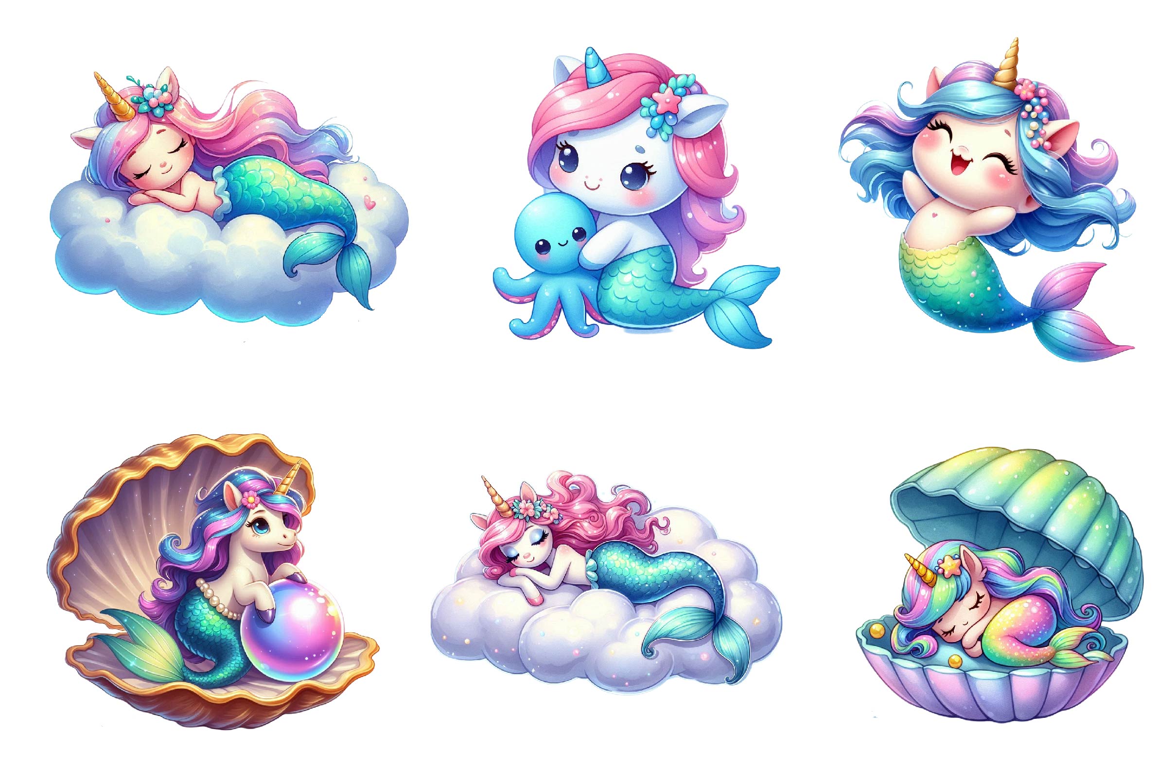 Cute Unicorn With Mermaid Clipart Bundle