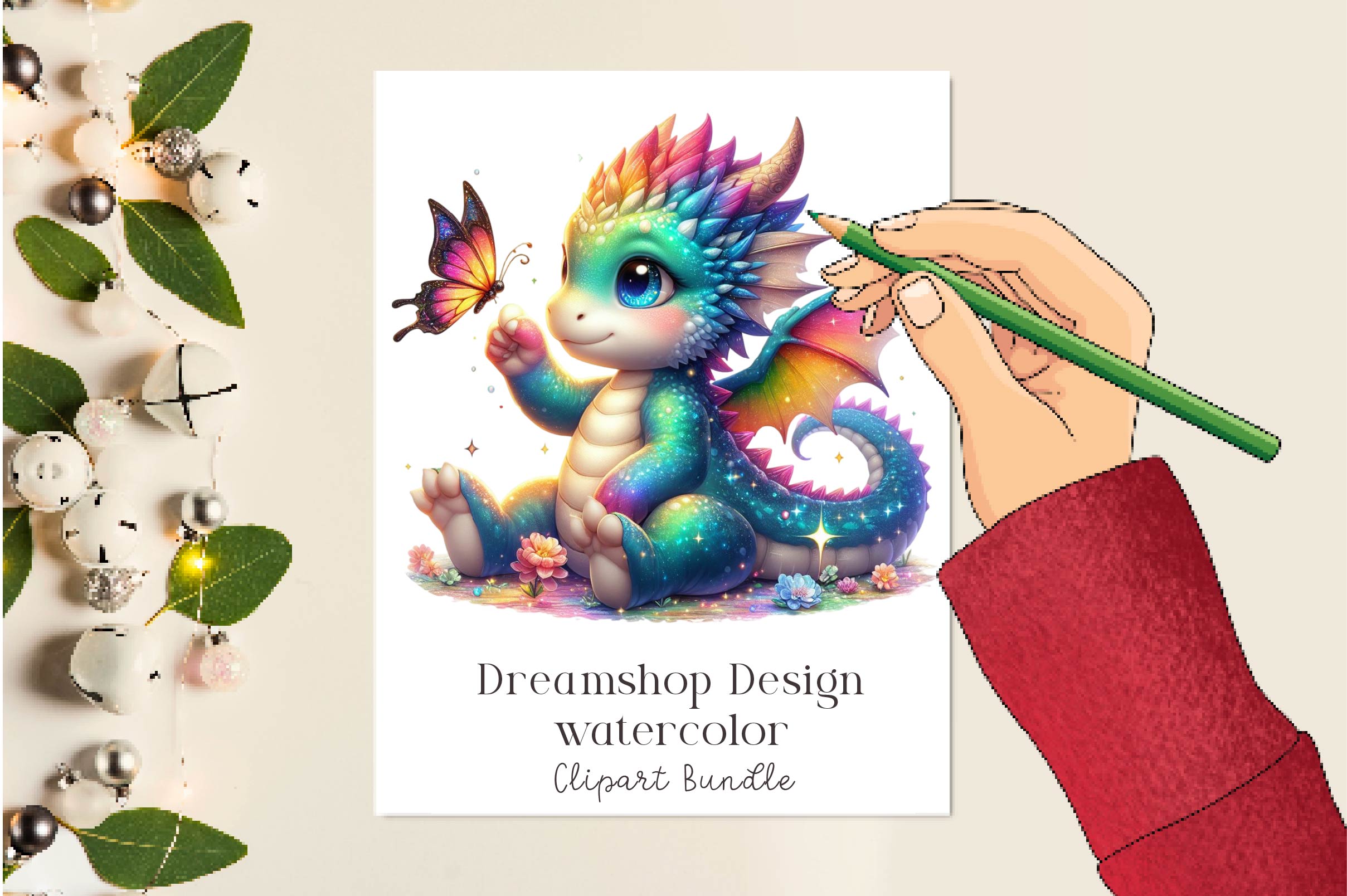 Cute Dragon With Butterfly Clipart Bundle