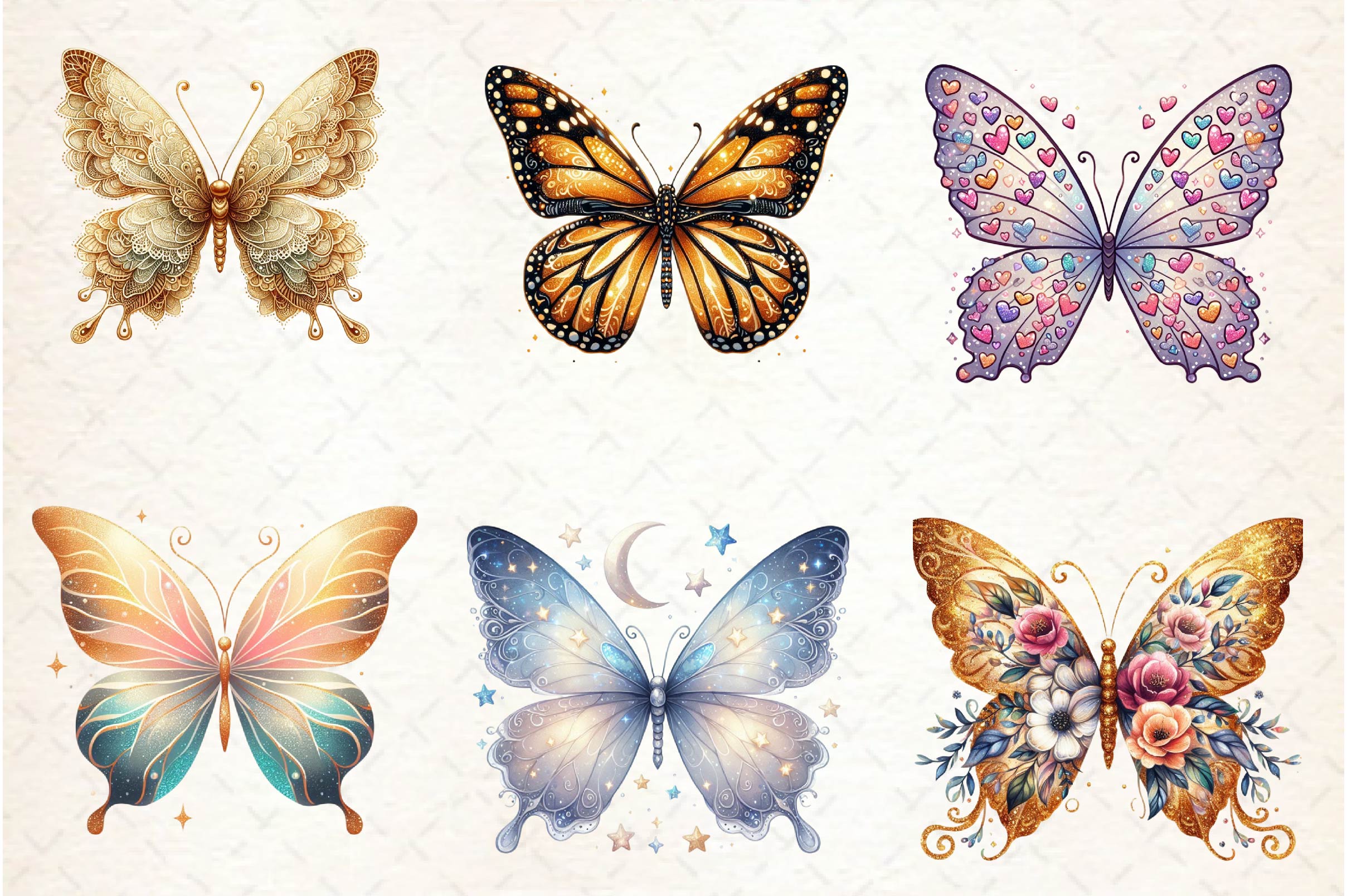 Gold Glitter Butterflies Clipart Bundle