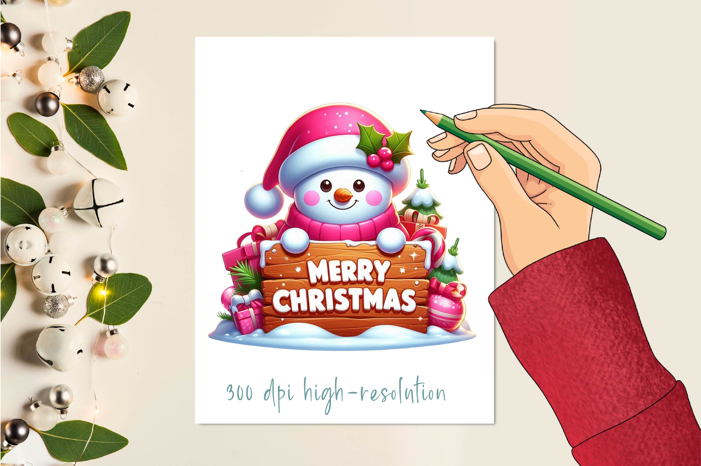 Cute Pink Christmas Snowman Clipart Bundle