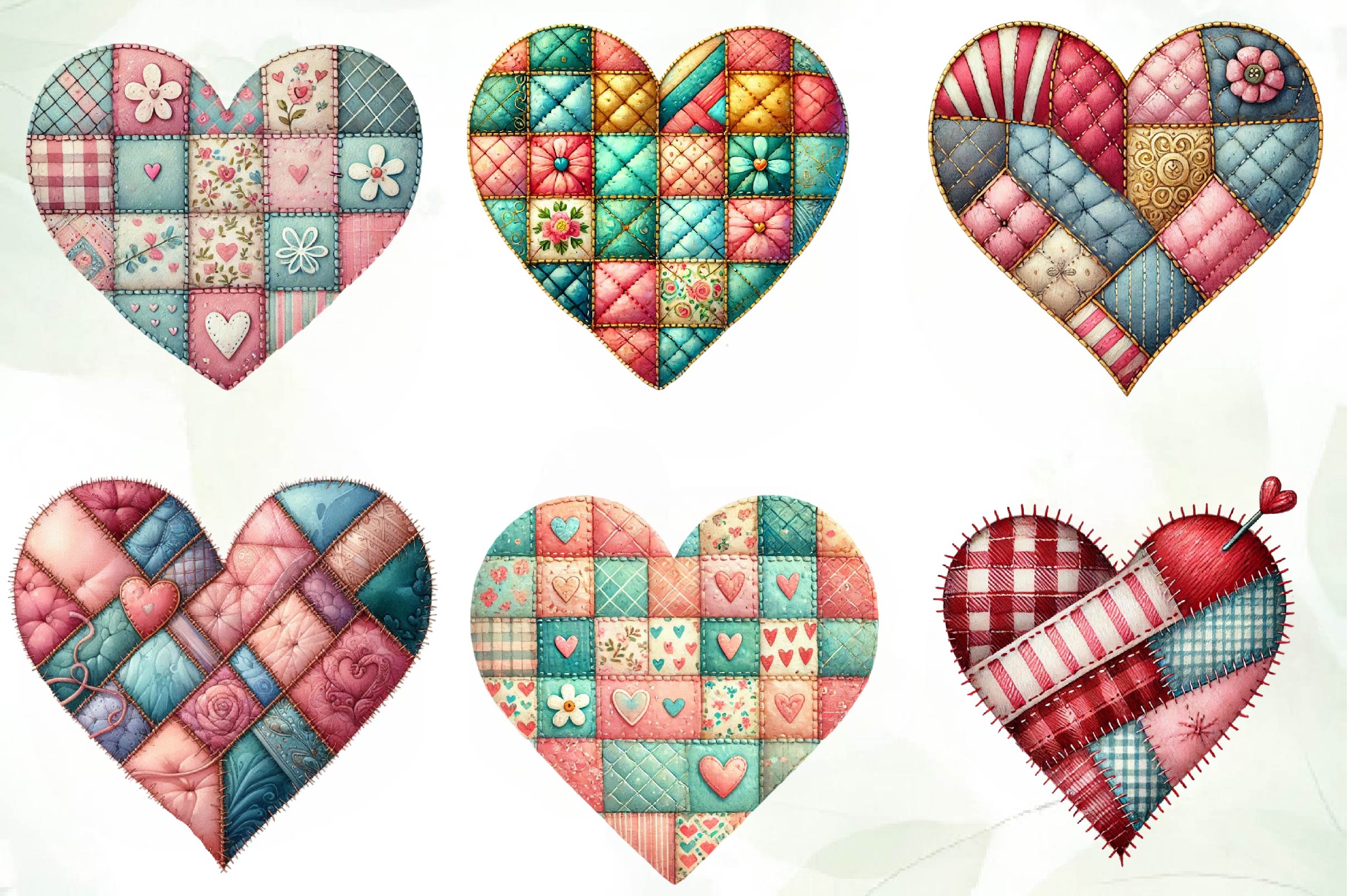 Patchwork Heart Valentines Day Clipart Bundle