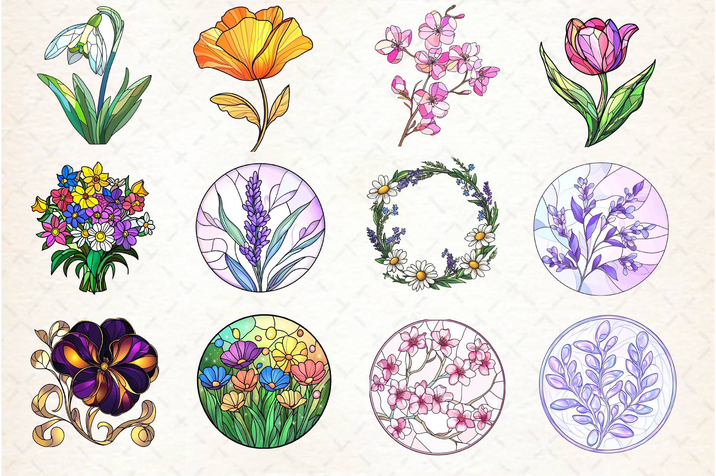 Round Stained Glass Spring Little Flower Clipart Bundle